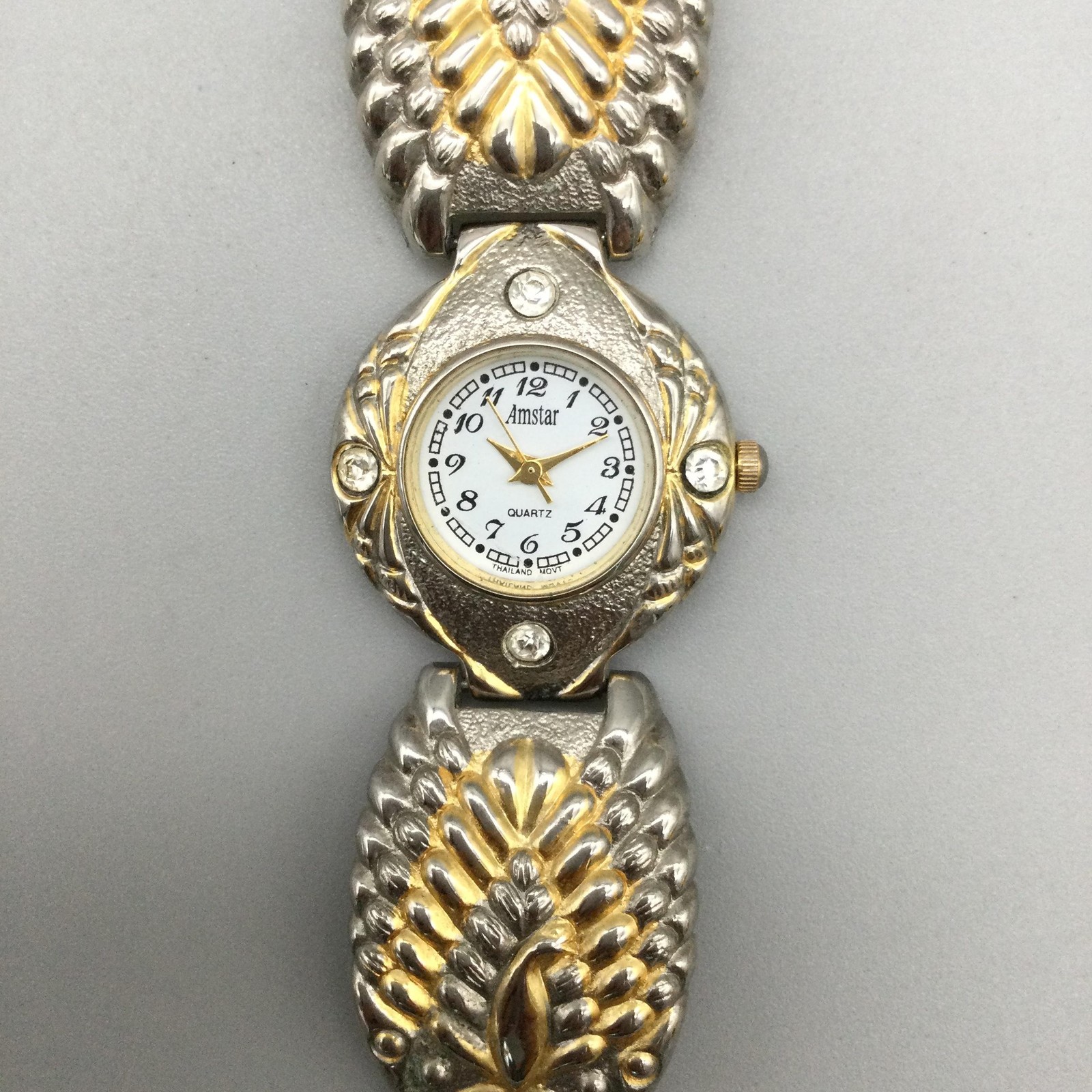Amstar Womens 26mm Watch Two Tone Bracelet Rhinestone Bezel New Battery 6.75″