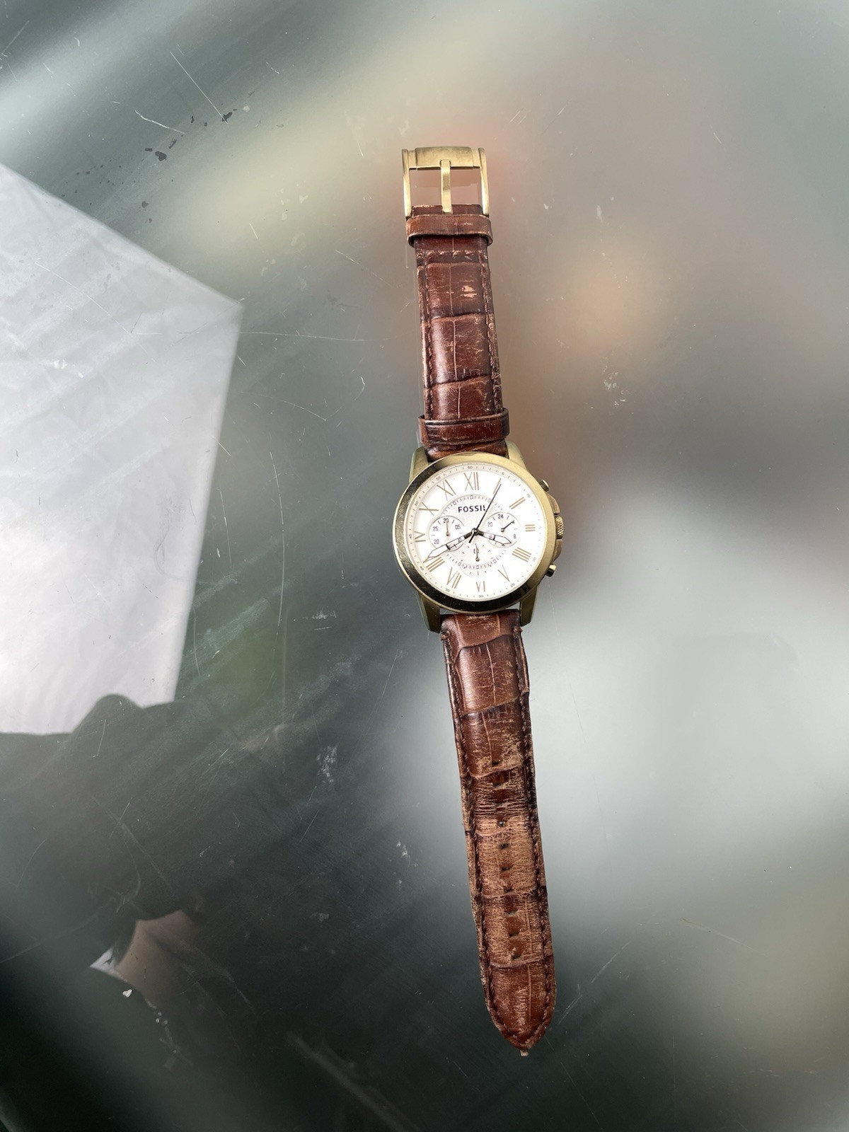 Fossil Grant Chronograph Gold Watch White Bezel Brown Croc Gator Leather Strap