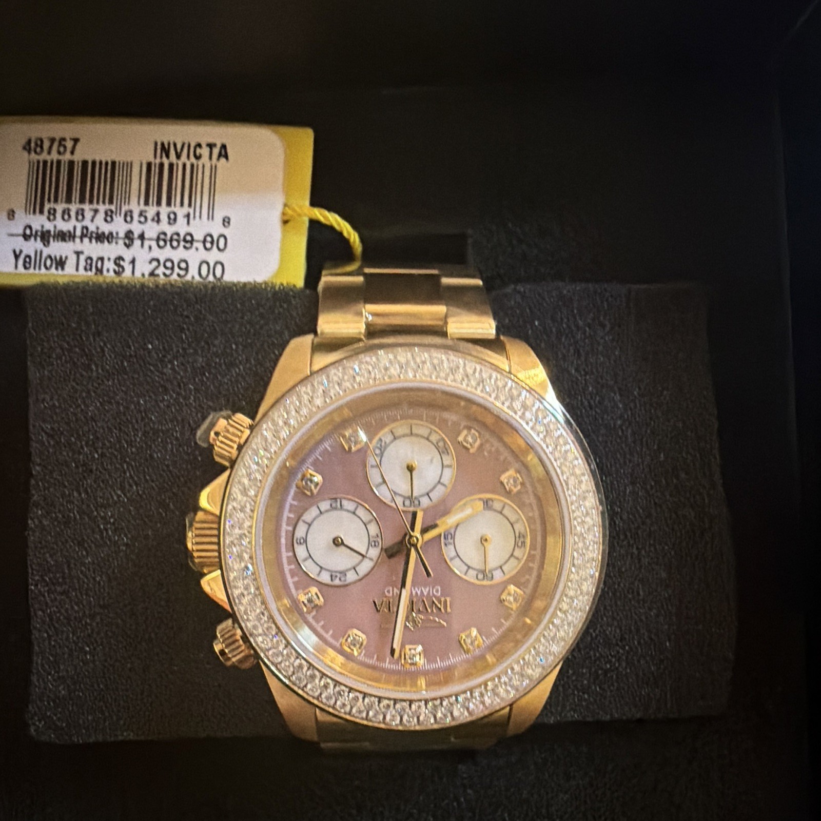 Invicta 48757: Gold watch, 160 bezel diamonds, pink mother-of-pearl dial
