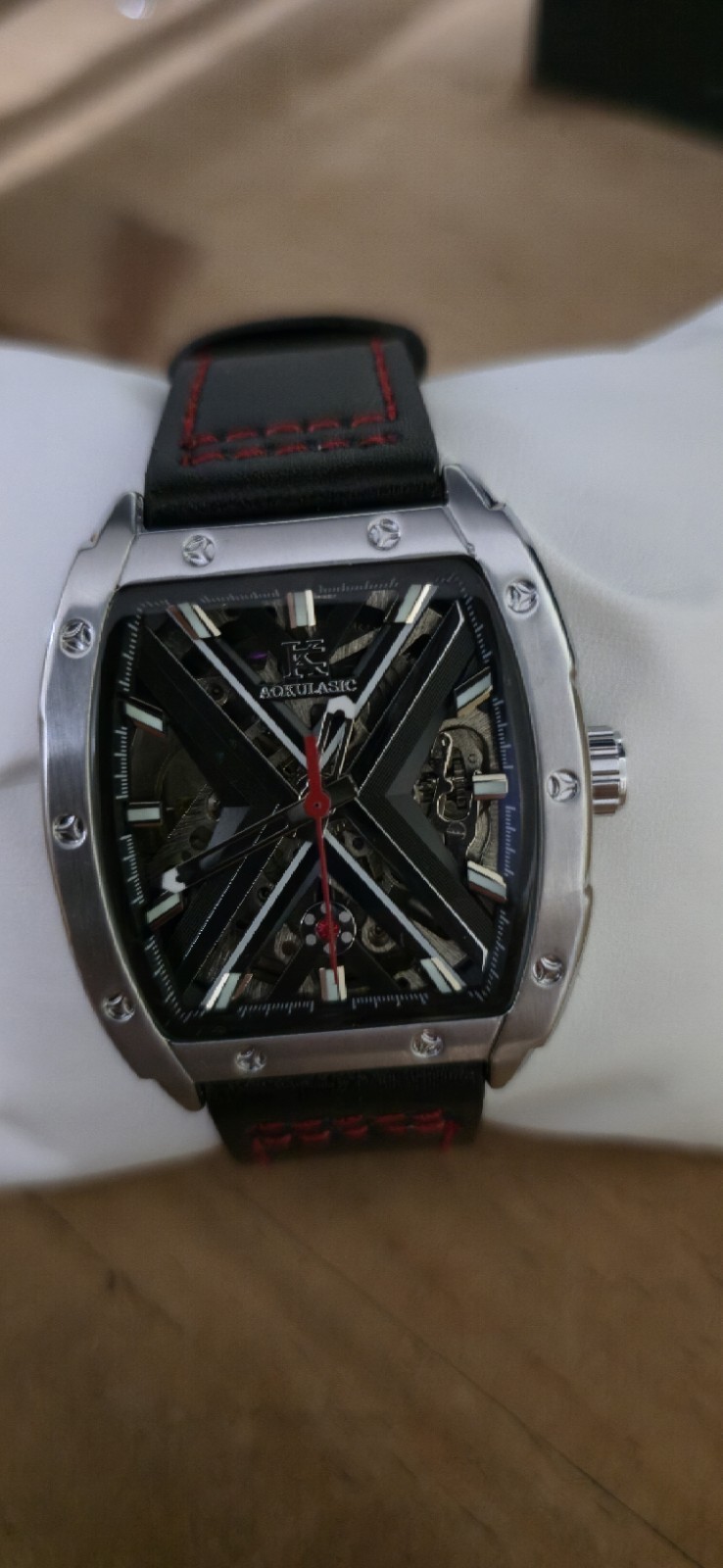 AOKULASIC Men’s Automatic Mechanical Watch – Luxury Tonneau Skeleton X Dial