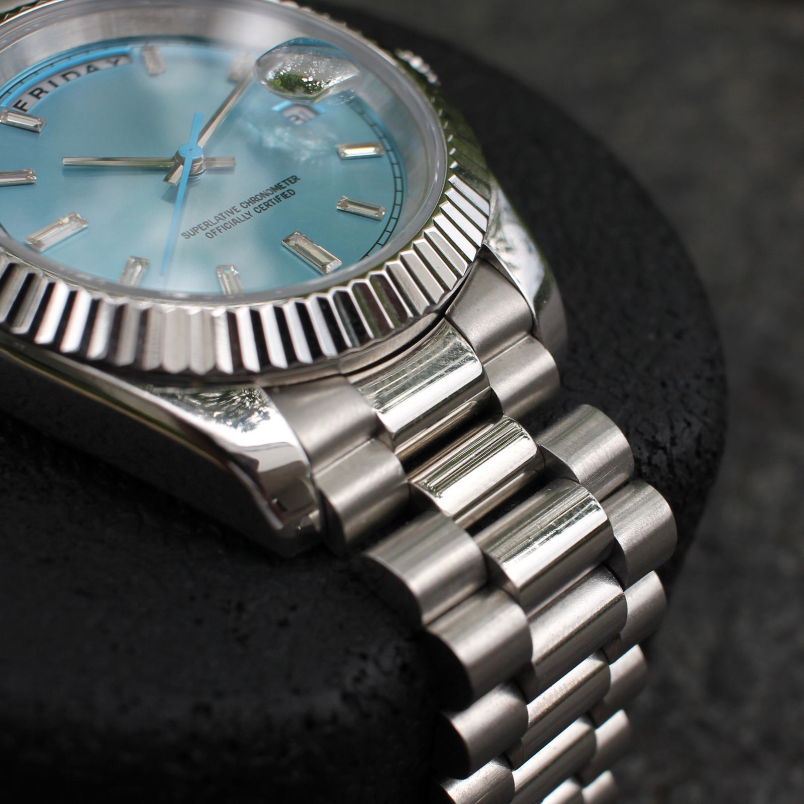 Custom Built – Ice Blue Day-Date NH35 Japanese Automatic Fluted Steel Watch