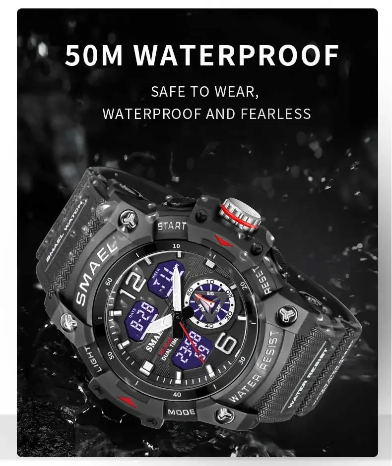 8007 Men’s Outdoor Transparent Dual Display Waterproof Luminous Watch