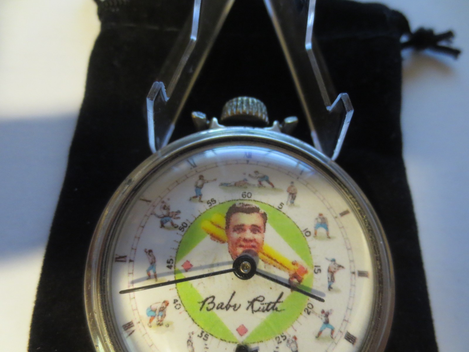 1940 16s Westclox Pocket W Baseball Babe Ruth Ad Theme Dial & Case Runs Well.