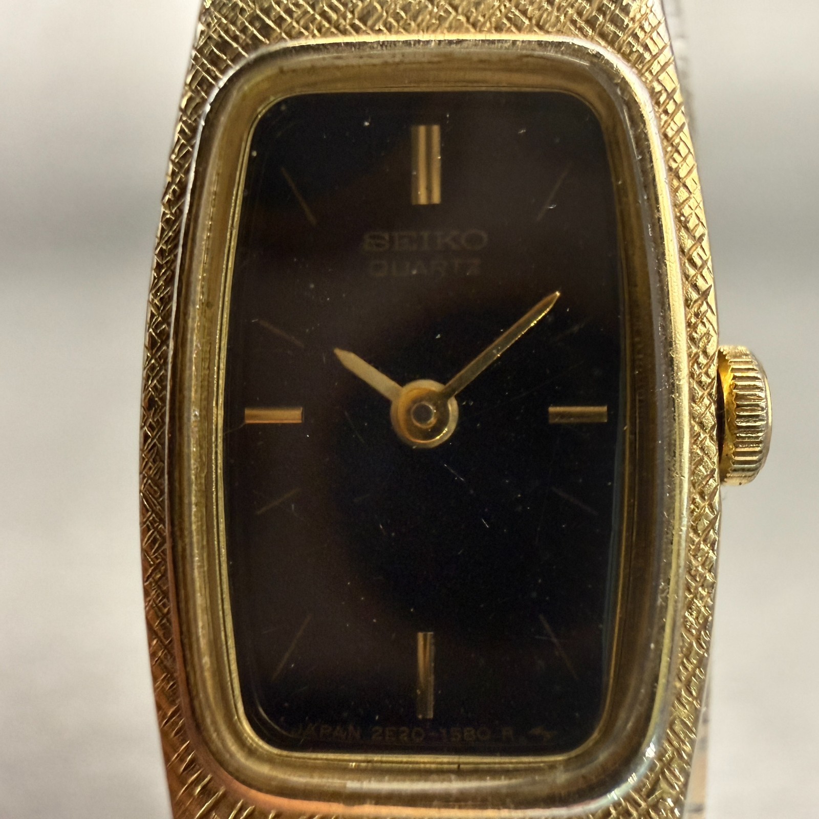 Seiko Watch Women 13mm Black Dial Gold Tone Rectangle 2E20-6139 New Battery VTG