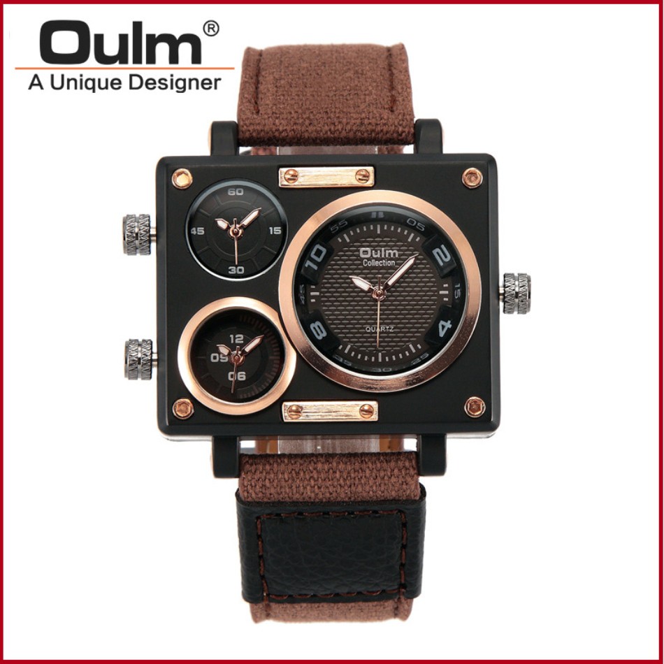 OULM Mens Casual Watch 3 Time Zones Square Large Dial Leather Strap Daily Wear