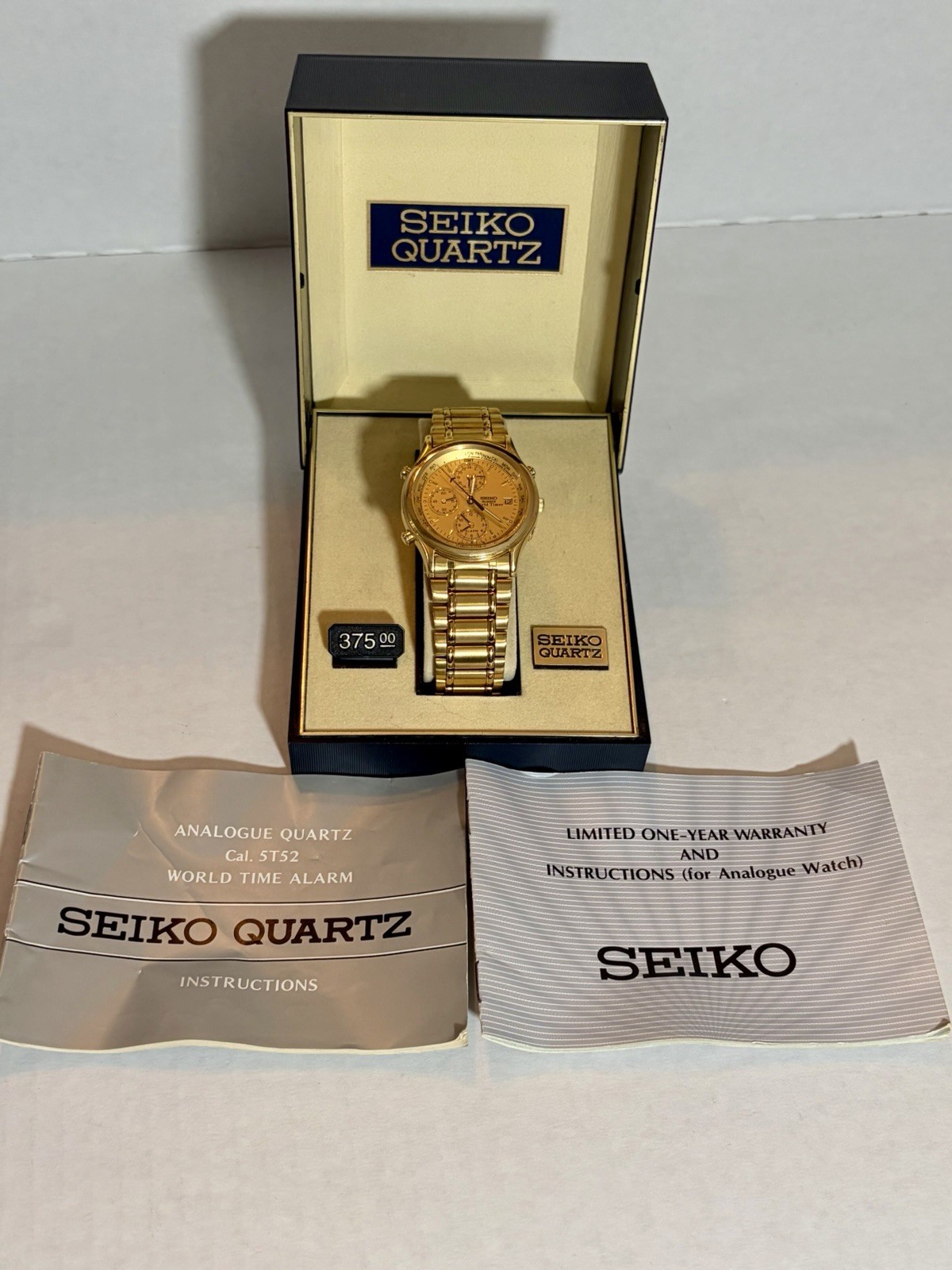 Seiko Quartz World Timer Alarm Date Gold Dial Gold Bracelet Watch – Full Set
