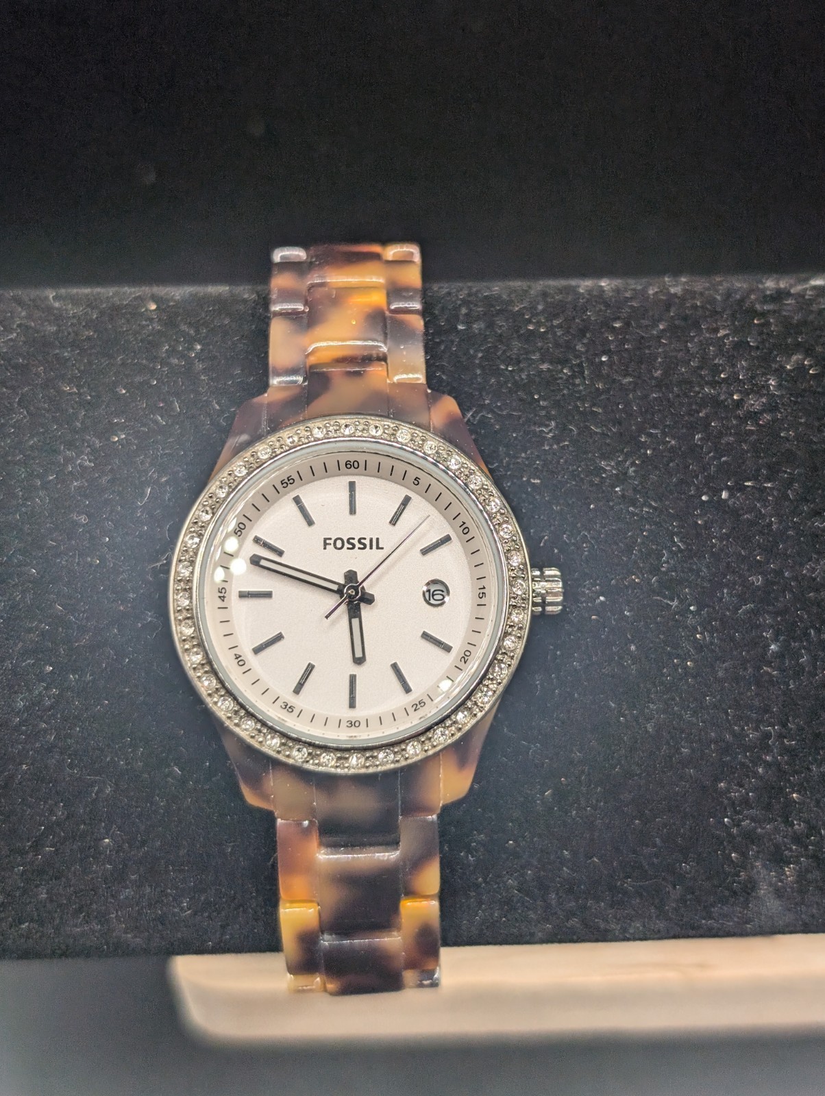 Fossil Womens Watch 30mm Faux Tortoise Crystal Bezel ES-2680 New Battery