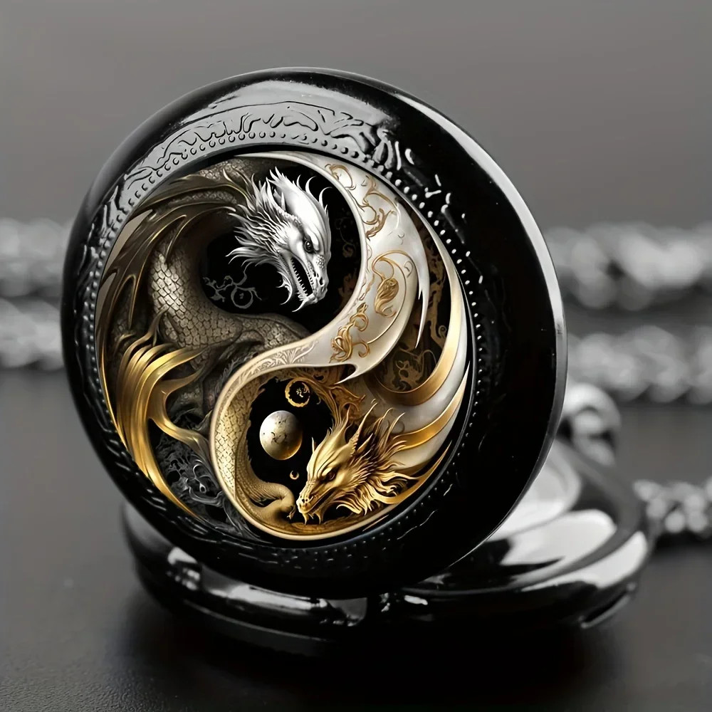Retro Double Dragon Pattern Golden Silvery Quartz Pocket Watch Classic Style