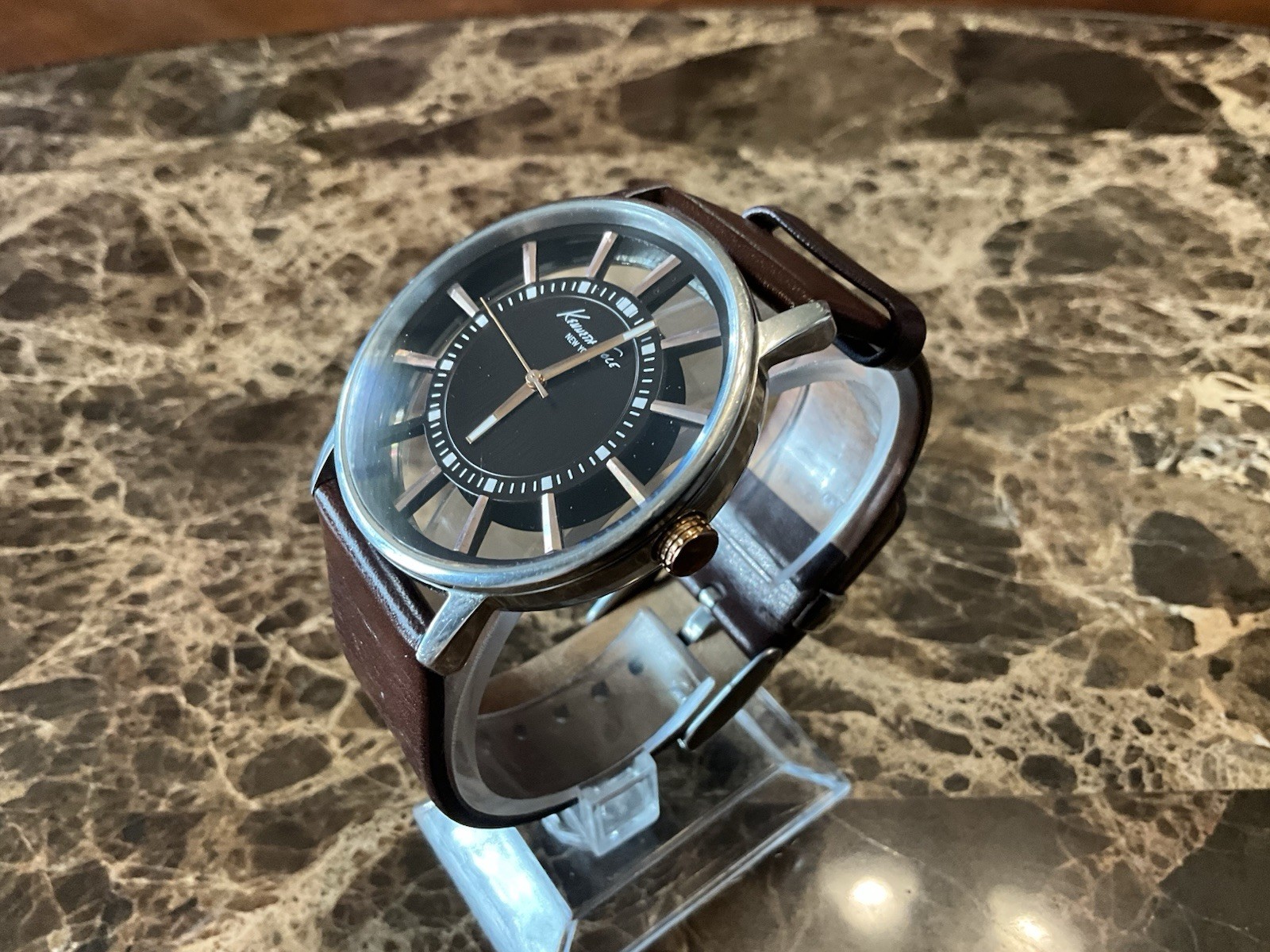 Kenneth Cole Men’s Transparency See Thru Dial Watch [new Battery] Leather Strap