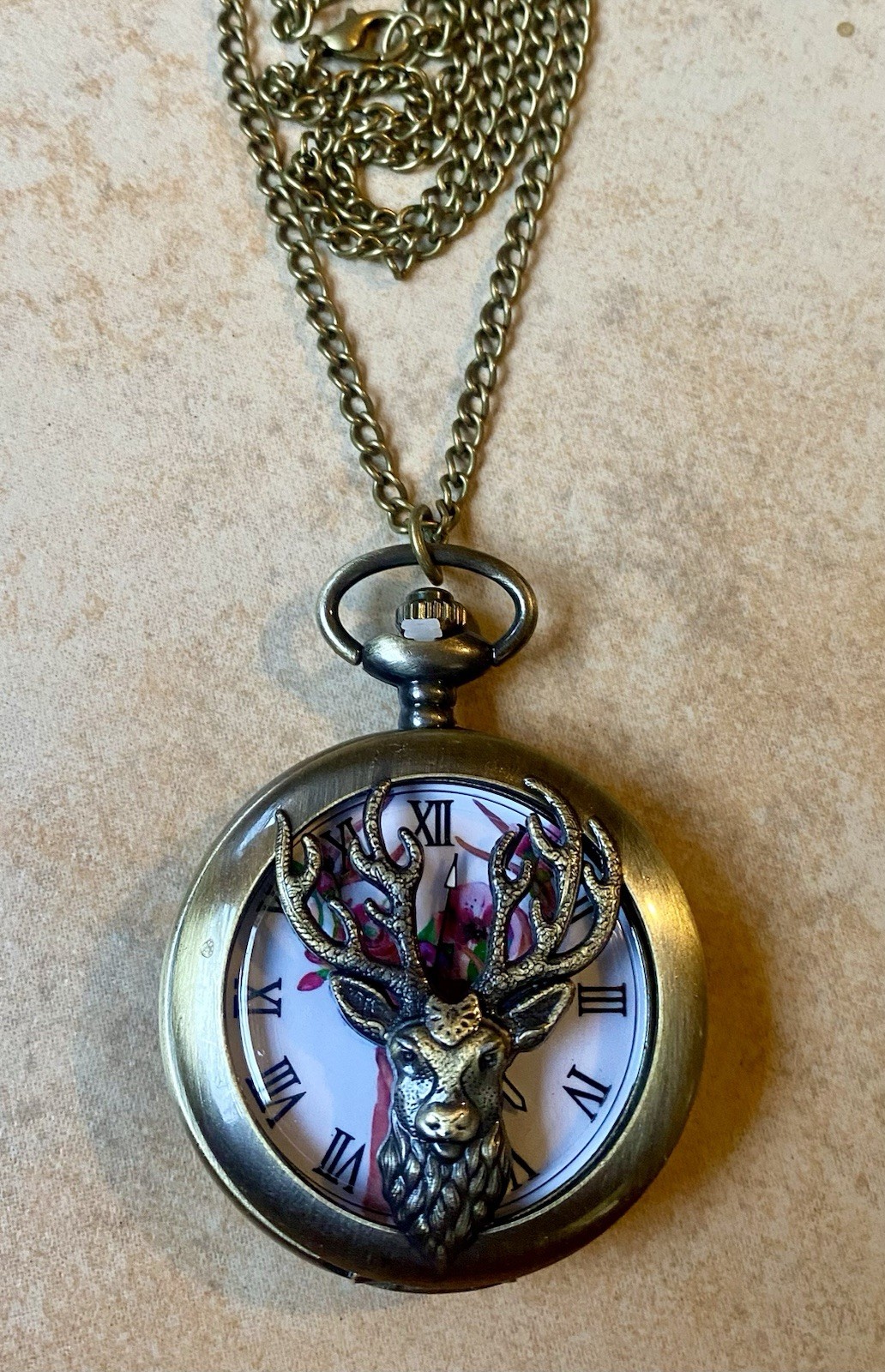 Bronze Full Hunter Deer Pocket Watch Quartz Roman Numerals White Dial Chain
