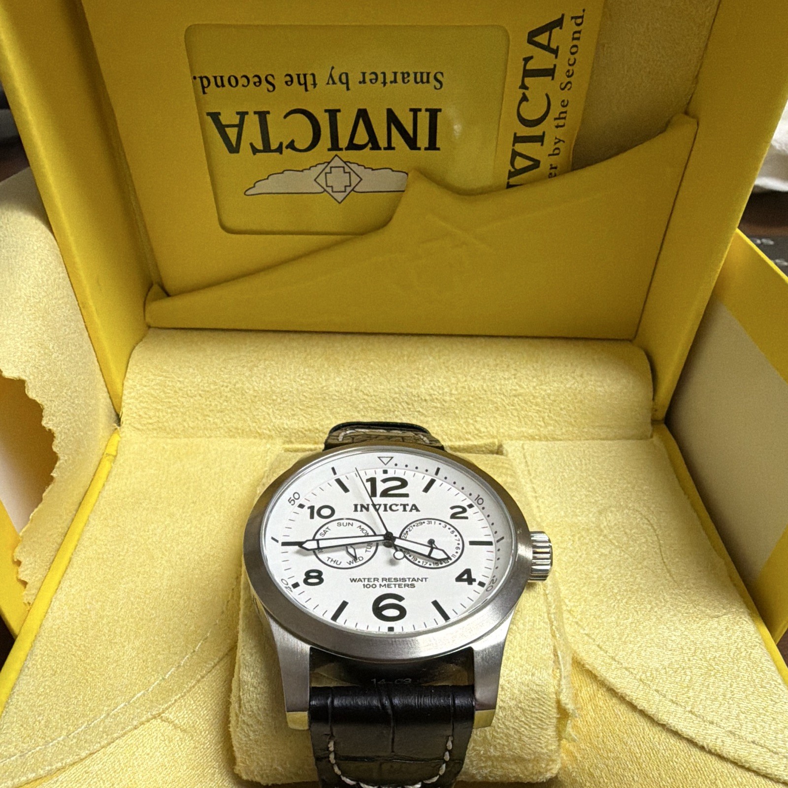 Invicta Men’s Quartz Analog 44mm White Dial Black Leather Strap Day/Date 100m