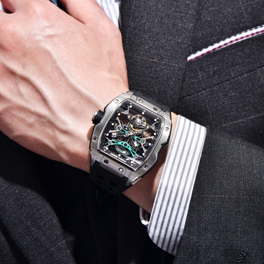Men’s Automatic Mechanical Tonneau Watch Sapphire Waterproof Double-sided Hollow