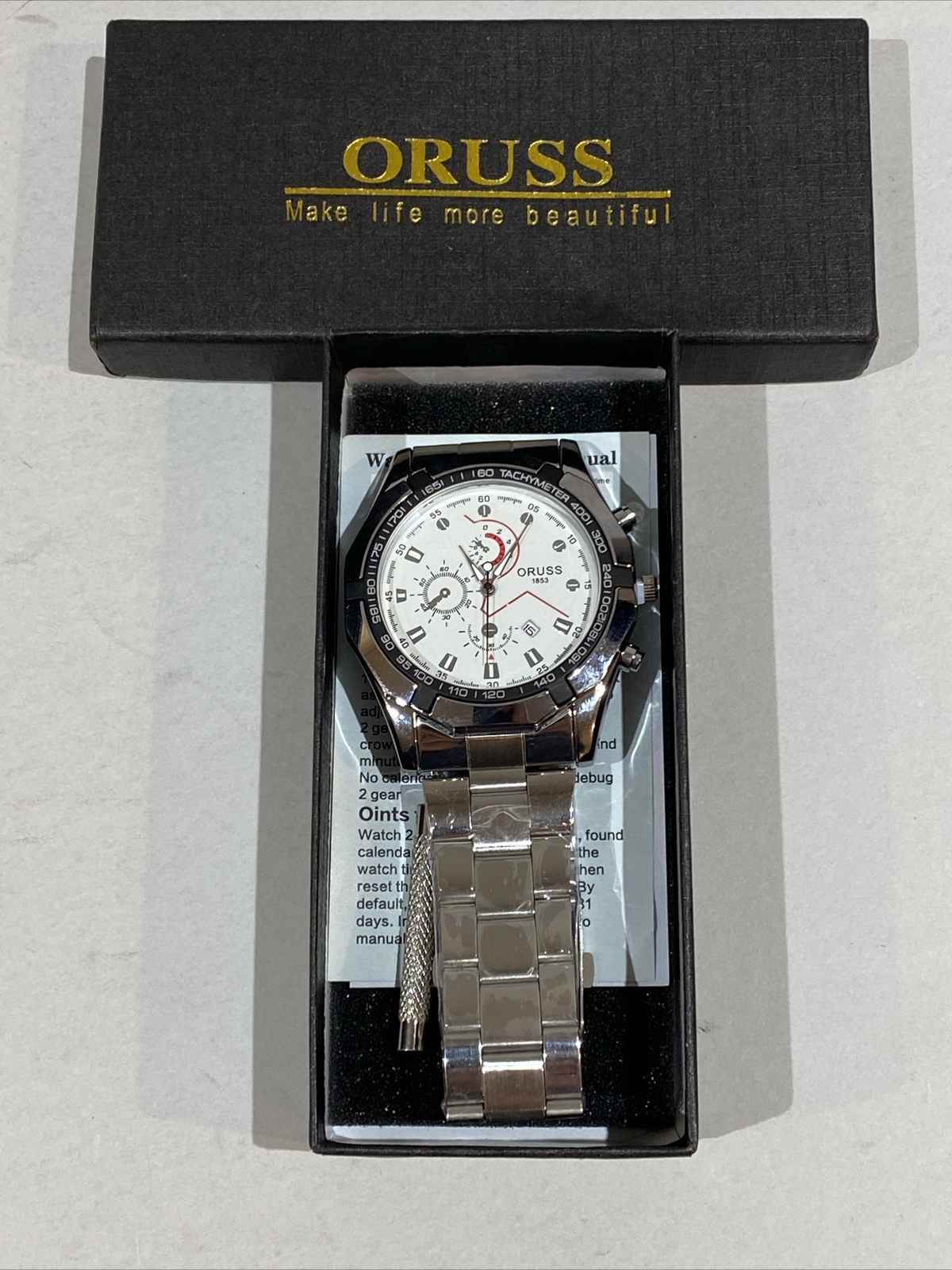 Mens Oruss 1853 Round Silver Tone White Bezel Date Analog Quartz Watch NEW!