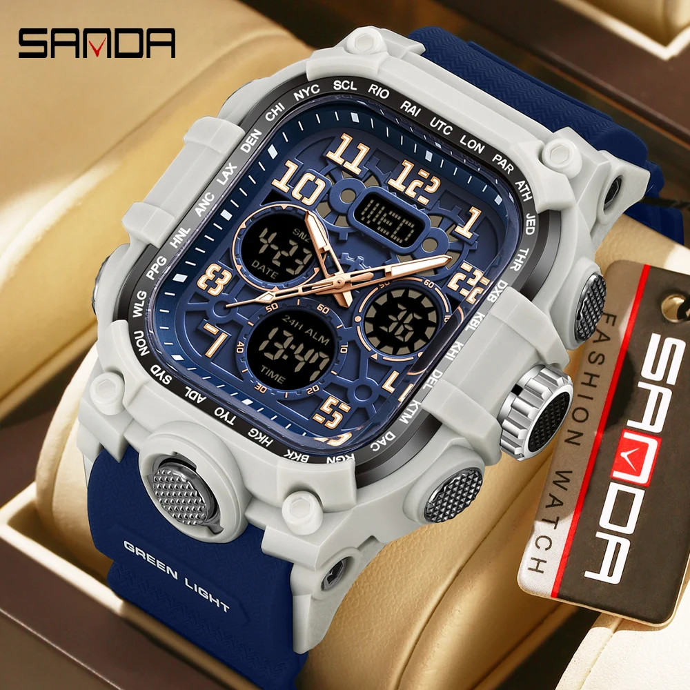 Men’S Outdoor Sport Wristwatch Big Dial Dual Display Luminous Waterproof TPU Ban