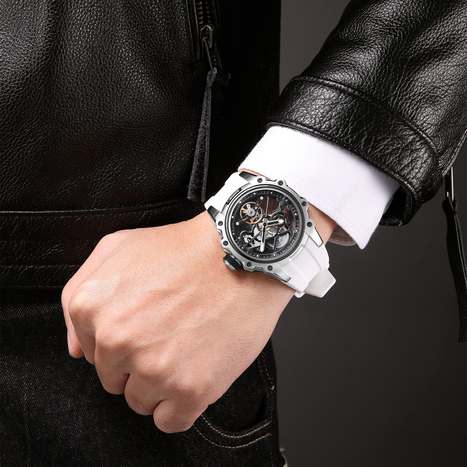 Megir 2243 Automatic Skeleton Watch 43mm Steel Case White Strap – UK Seller
