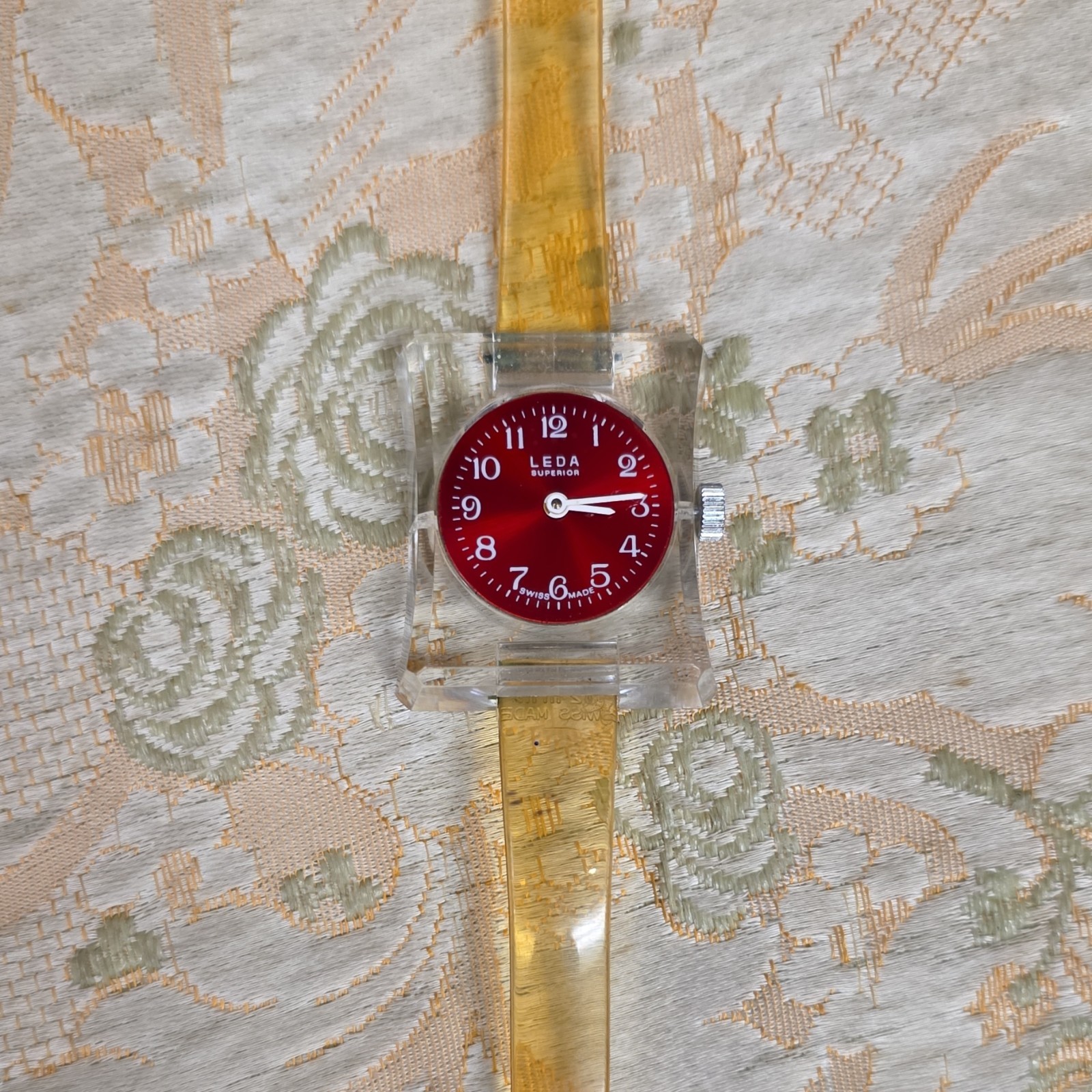 LEDA Superior Square Analog Wristwatch Red Dial Yellow Plastic Band Clear Case