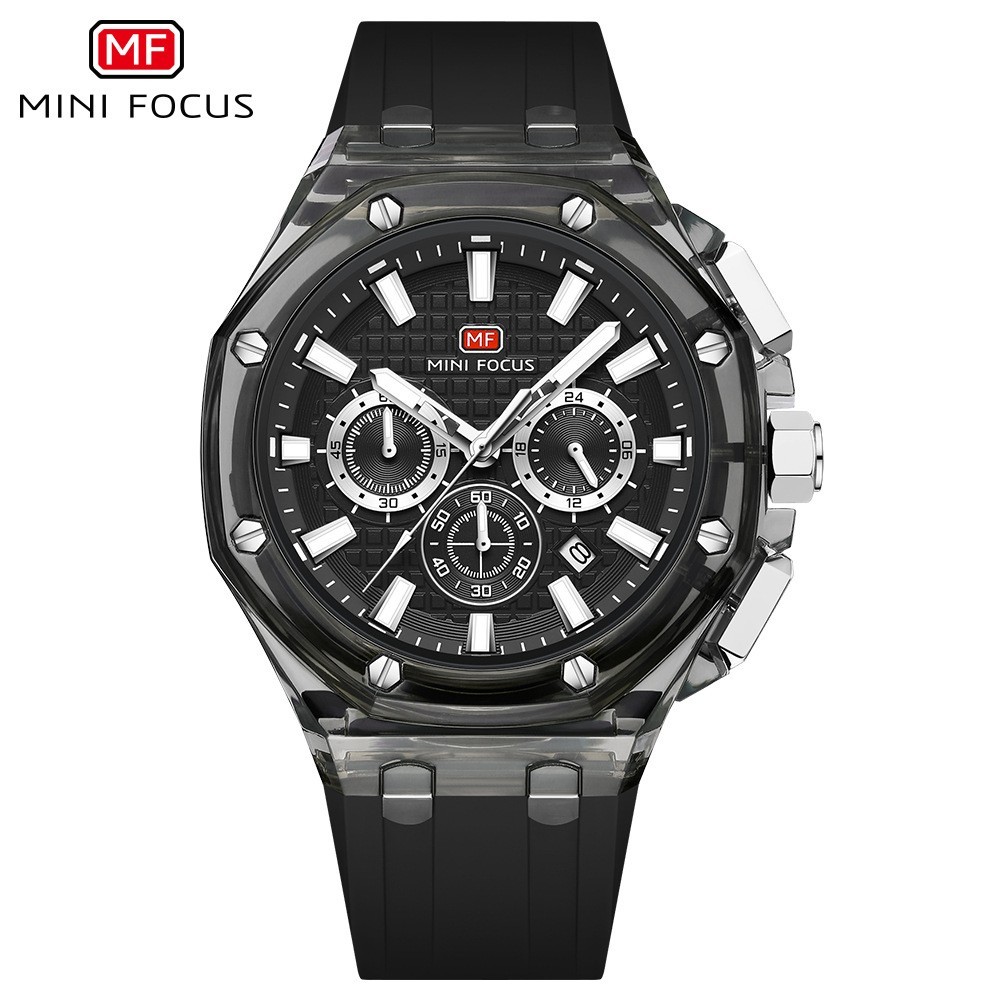 MINI FOCUS Men Transparent Case Multifunction Chronograph Calendar Quartz Watch