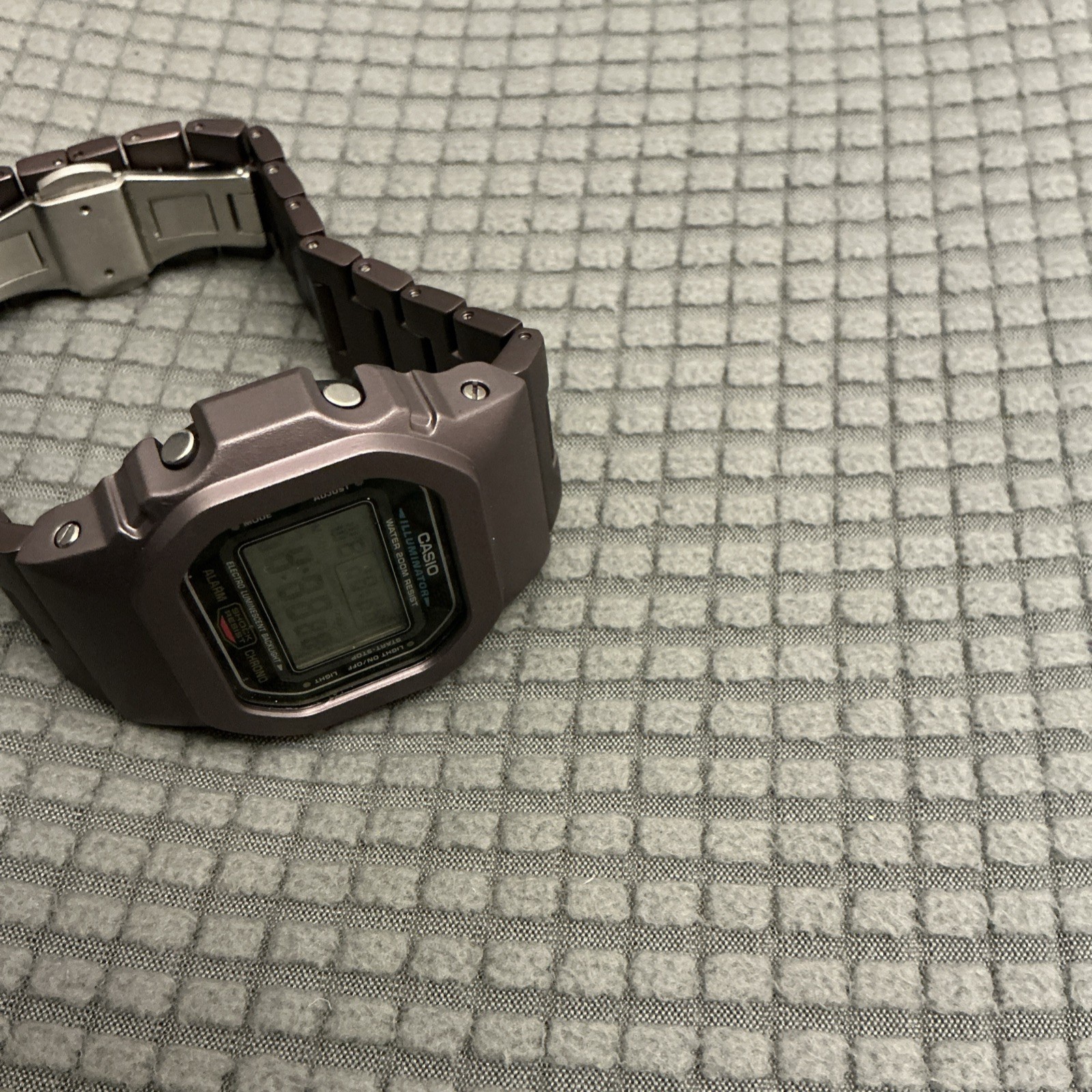 This is a modified DW5600E-1V watch with purple PVD Metal Bracelet 200M Box
