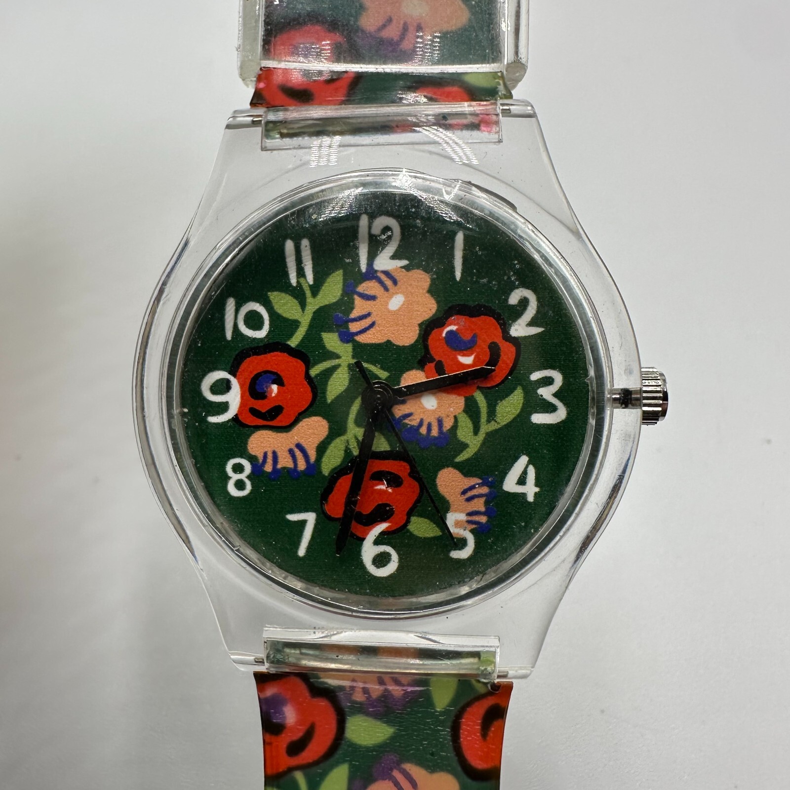 Willis For Mini Watch Girls Green Red Floral Print Clear Case New Battery 9 inch