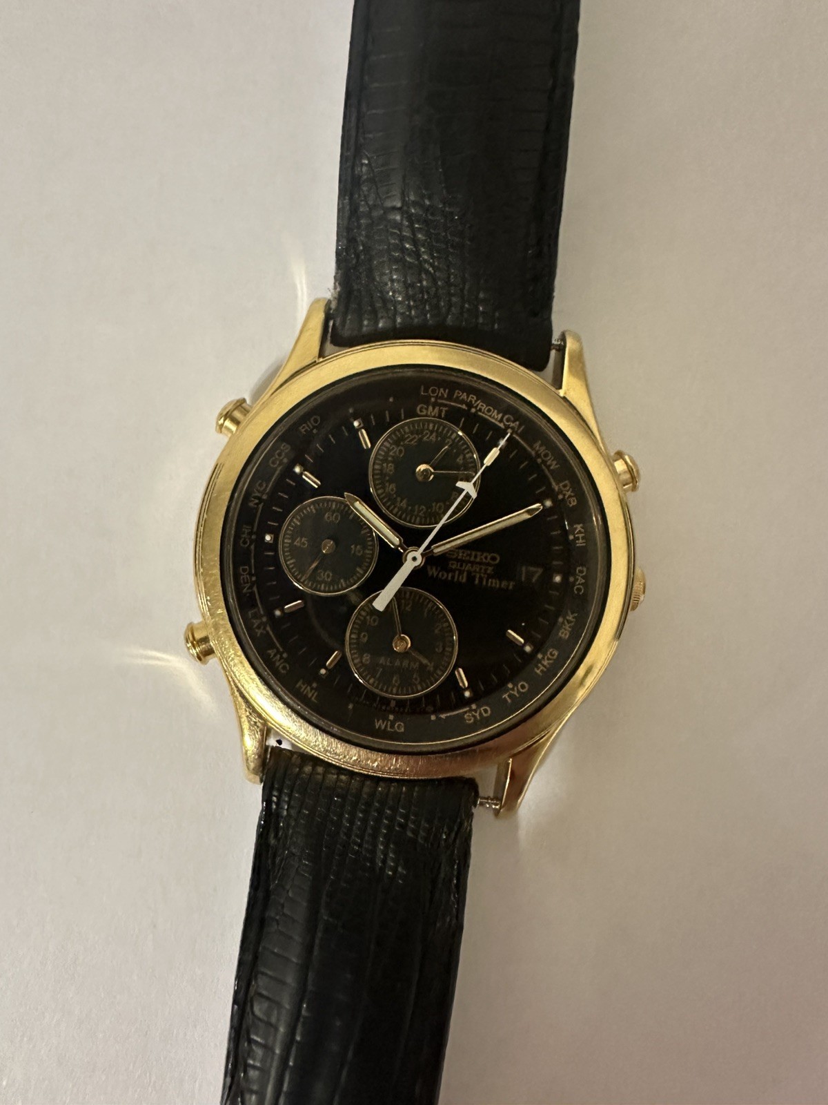 Seiko 5T52-6A39 World Timer Chronograph Gold Quartz Vintage Watch