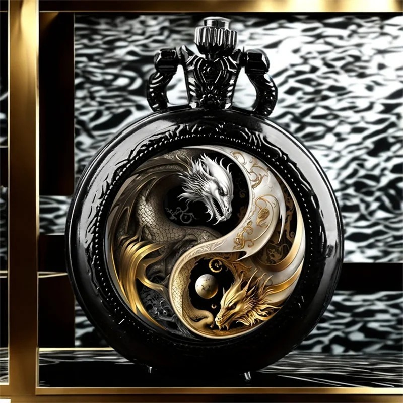 Mens Pocket Watch Retro Mechanical Black Steampunk Skeleton Chain Luxury Classic