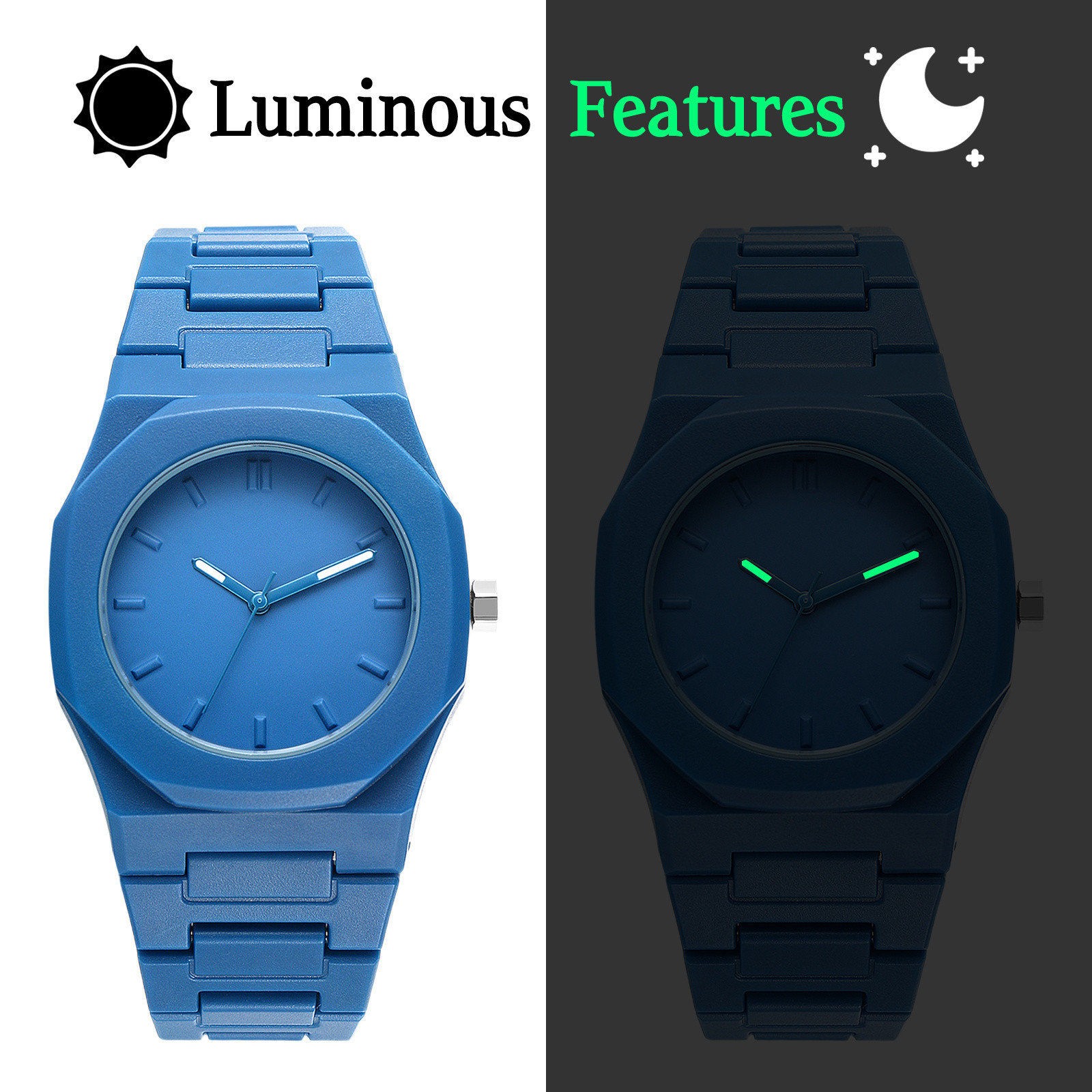 Men Luminous Octagon Dial Quartz Stainless Steel Blue Green Black Band Watch