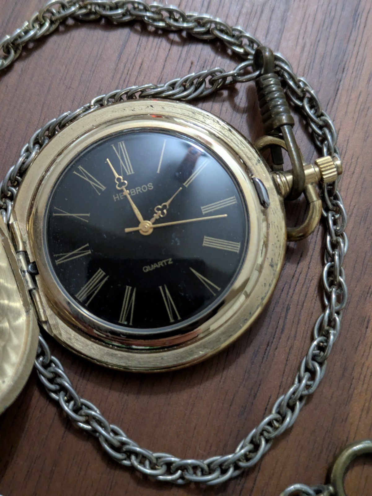 Vintage (1990s) Helbros Black & Gold Quartz Pocket Watch with Chain