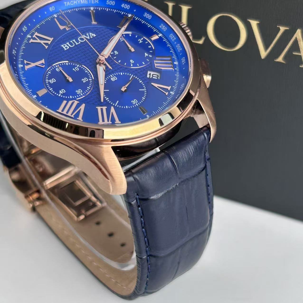 Bulova Wilton Classic 97B170 Blue Dial Leather Strap Mens Quartz Watch 4 G2U