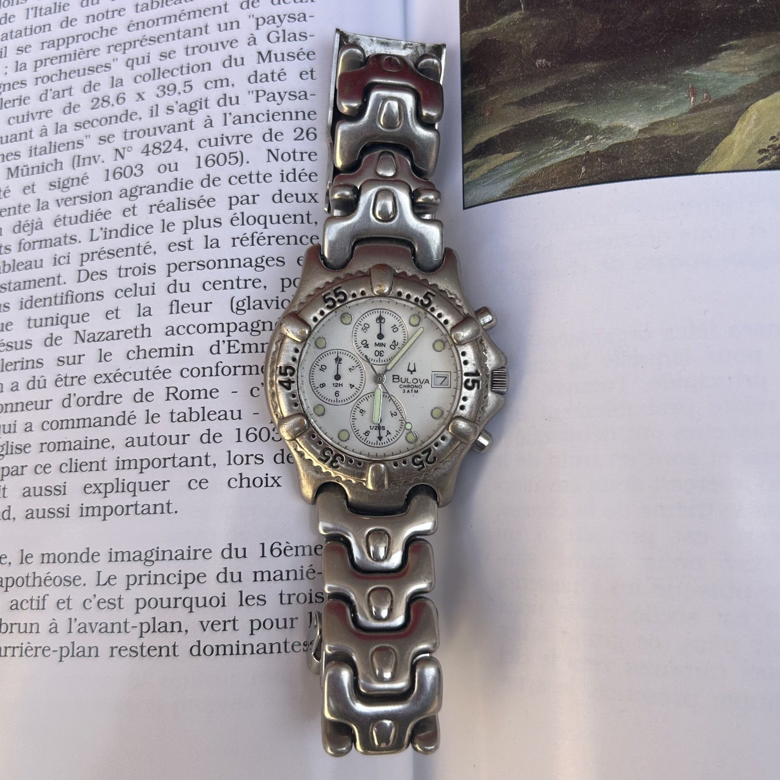 Bulova Vintage Watch Chronograph Men’s Chrono 3 ATM Quartz White Dial Date Rare