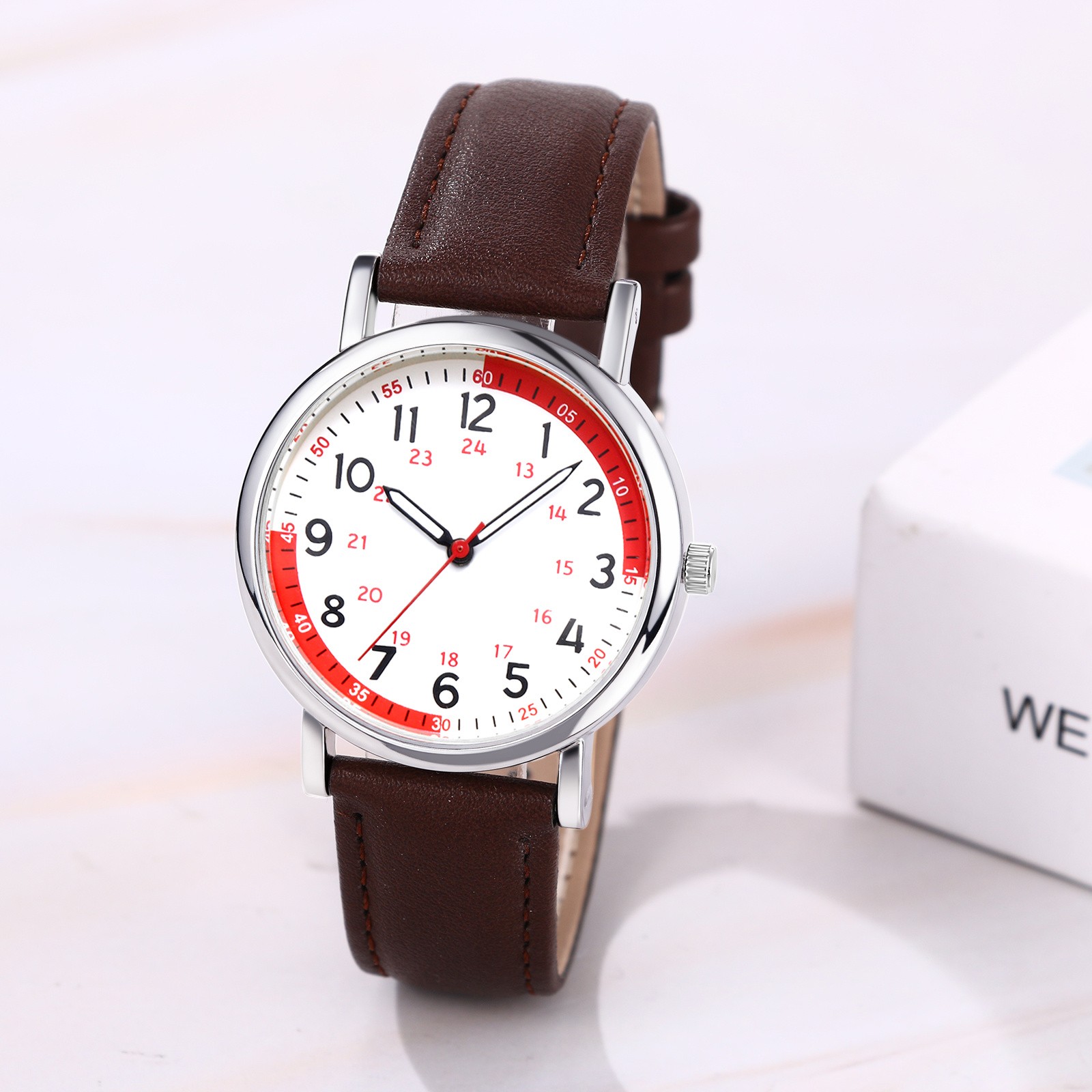 Womens Men Leather Band Easy Reader 24H/12H Dial Pulse Calculation Medical Watch