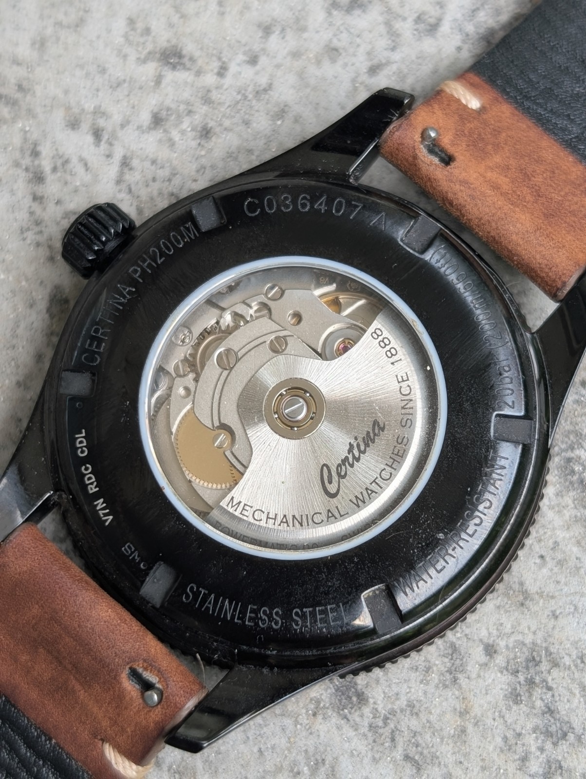 Certina DS PH200M Automatic 200m Diver 43mm Black Dial Date Brown Leather