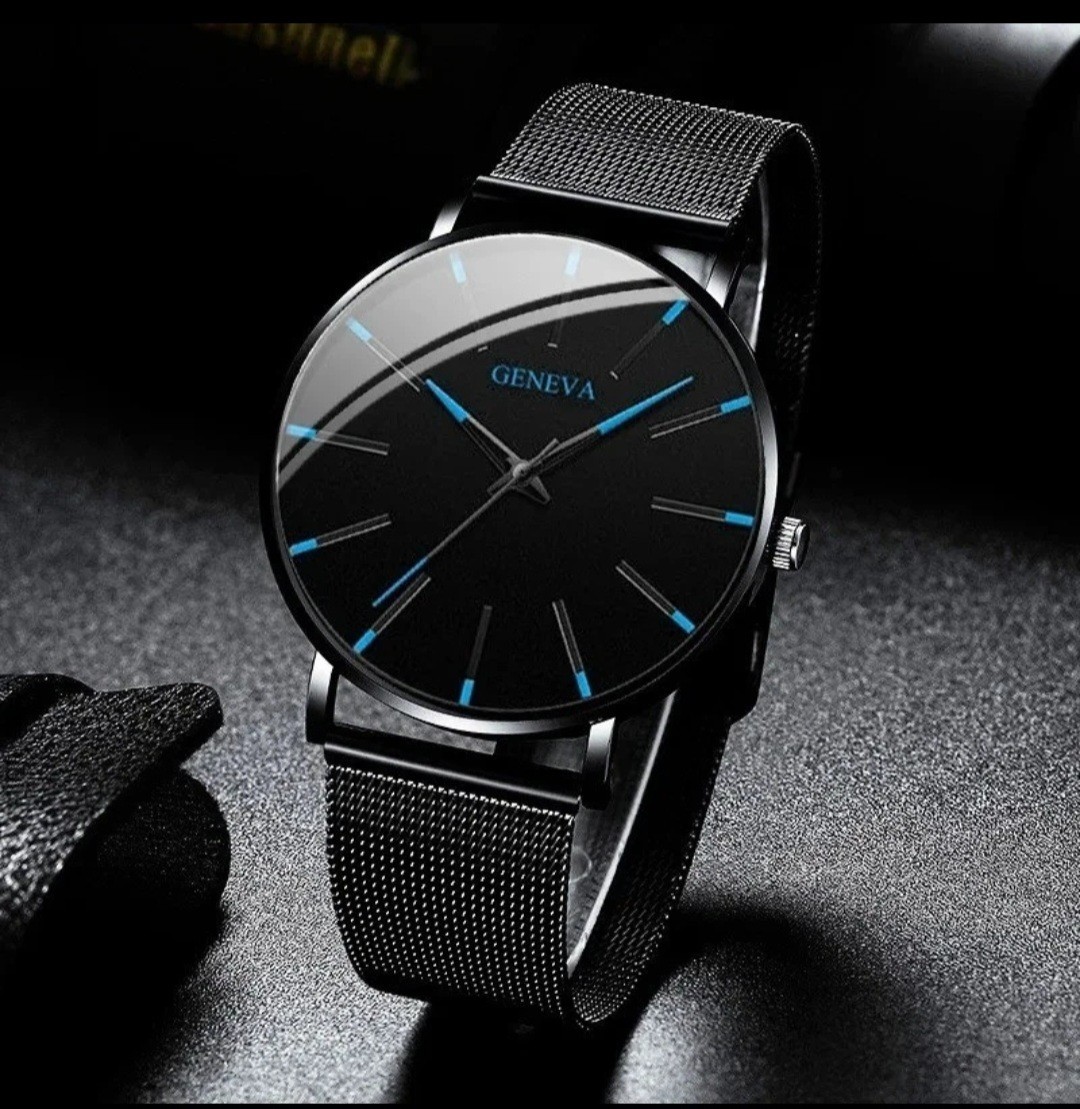 Geneva Men’s Quartz Analog Watch 40mm Black Mesh Band Black/Blue Dial