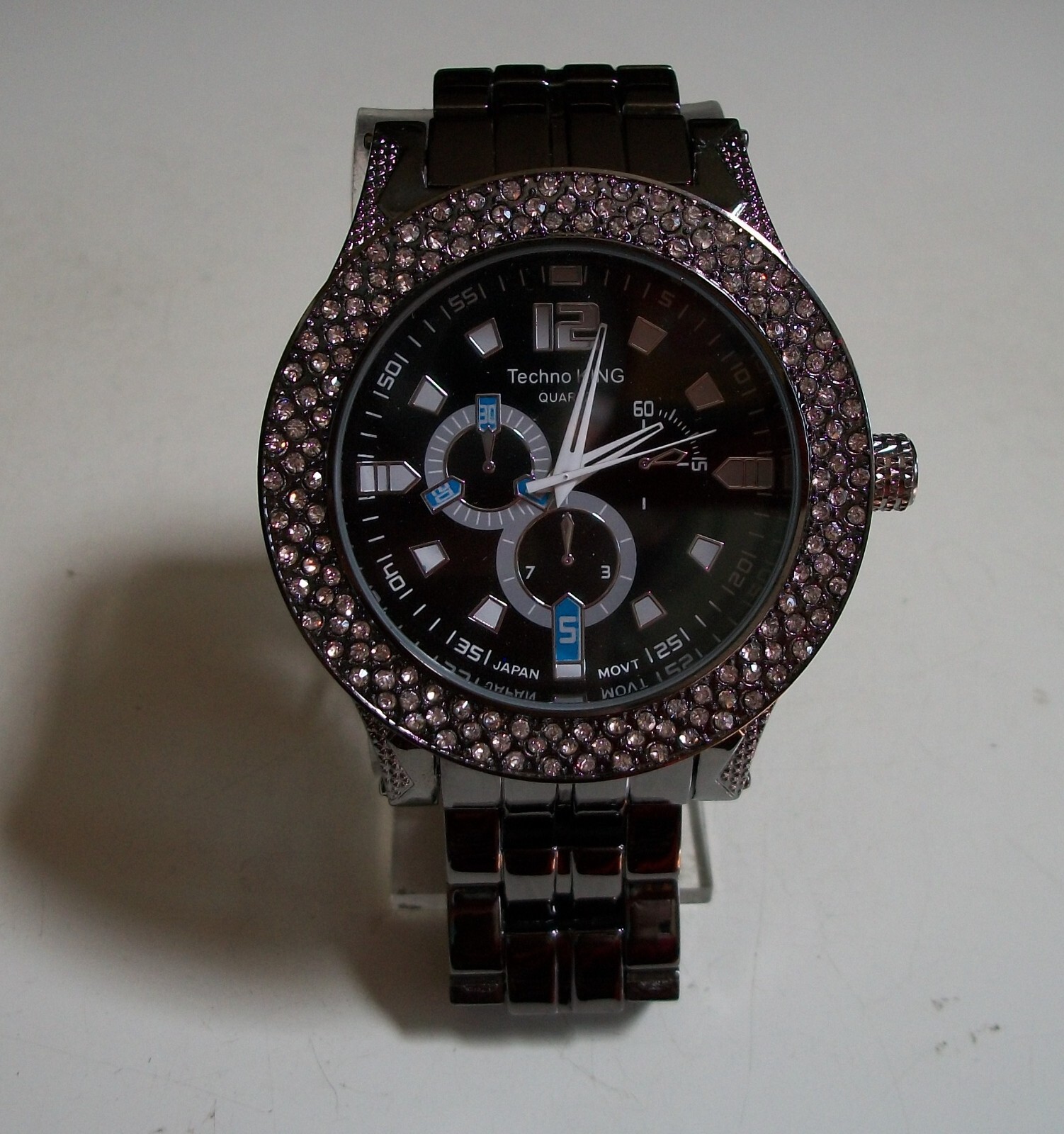 Men’s hematite finish Techno King fashion hip hop red & clear stone watch