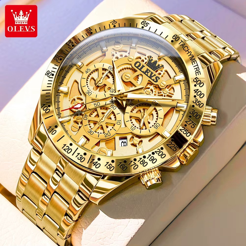 Mens Watch Stainless Steel Chronograph Waterproof Quartz 44MM OLEVS Luxury Gift