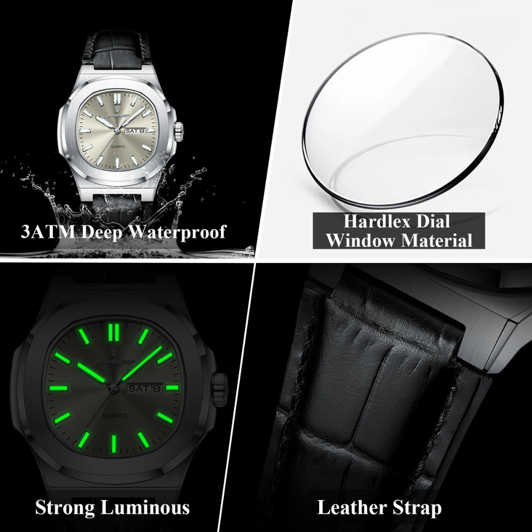 Poedagar Luxury Square Men Leather Watch Date Waterproof Luminous Wristwatch