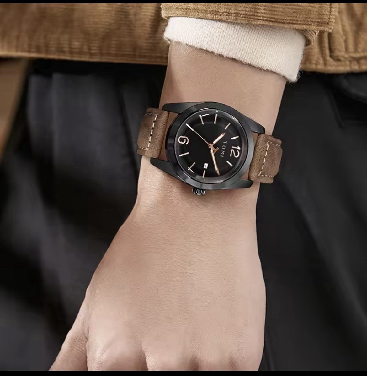 TOMI Luxury Men’s Minimalist Style Quartz Watch Leather Strap 3ATM Date