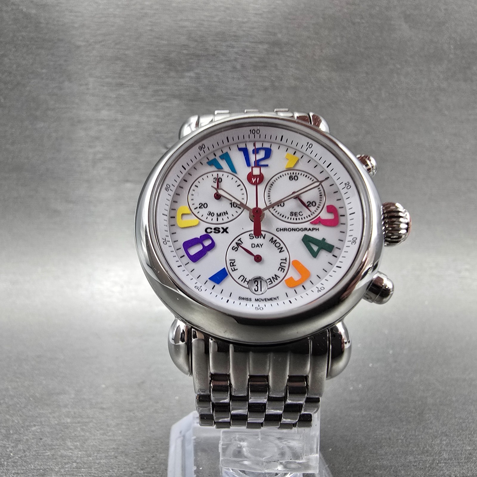 Michele CSX Carousel Chronograph Watch Women 36mm White Dial Steel Dayate NewBat