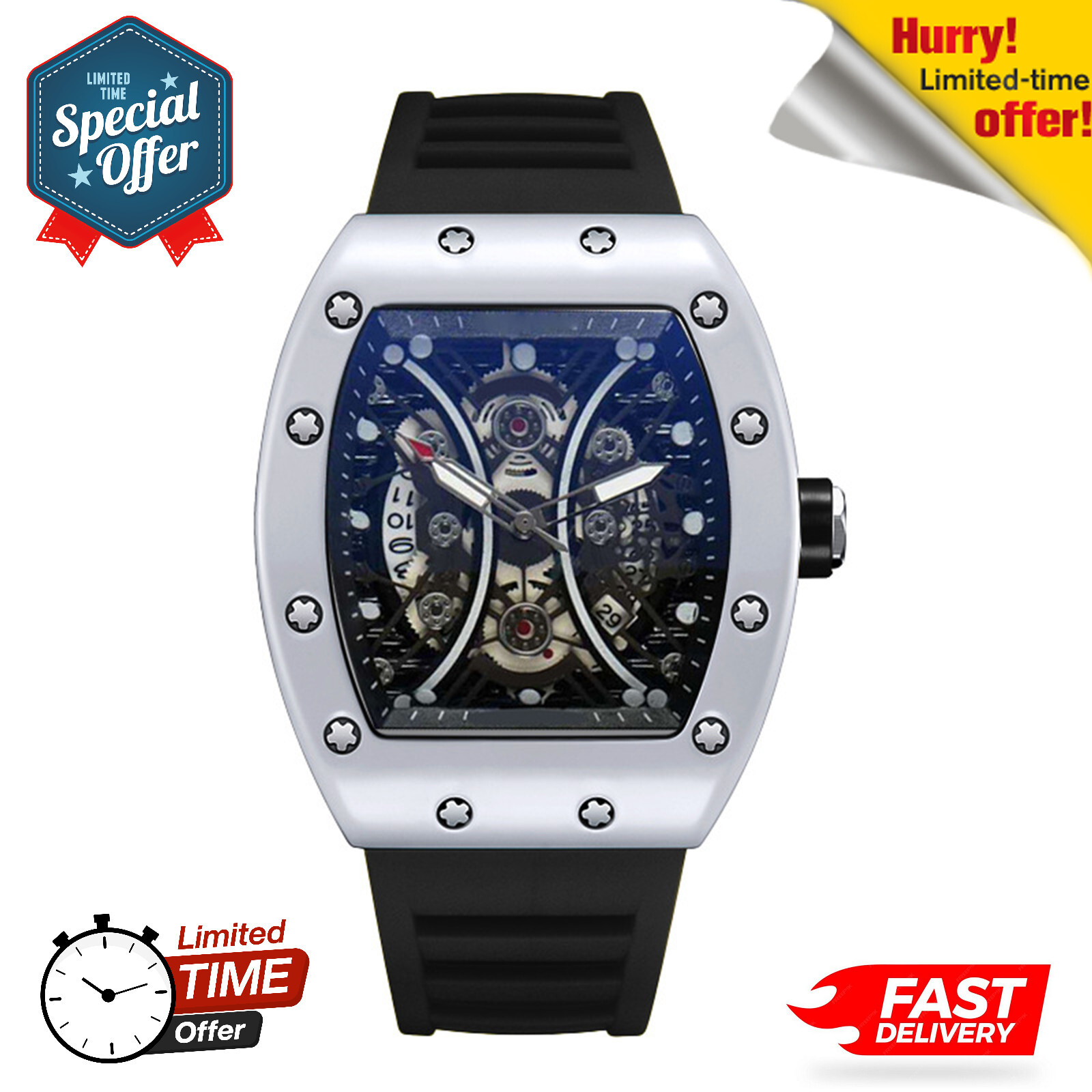 Automatic Quartz Hollow Luminous Waterproof Barrel-shaped Watch for Men