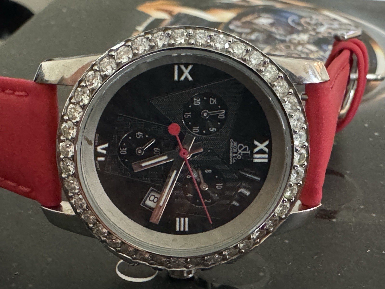 JACOB AND CO CHRONOGRAPH WATCH 38mm Diamond Bezel Complete Box Extra Str G2U