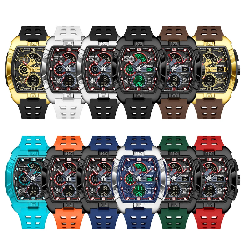 SANDA Fashion Men’S Dual Display Sport Digital Watch TPU Large Dial Luminous Chr