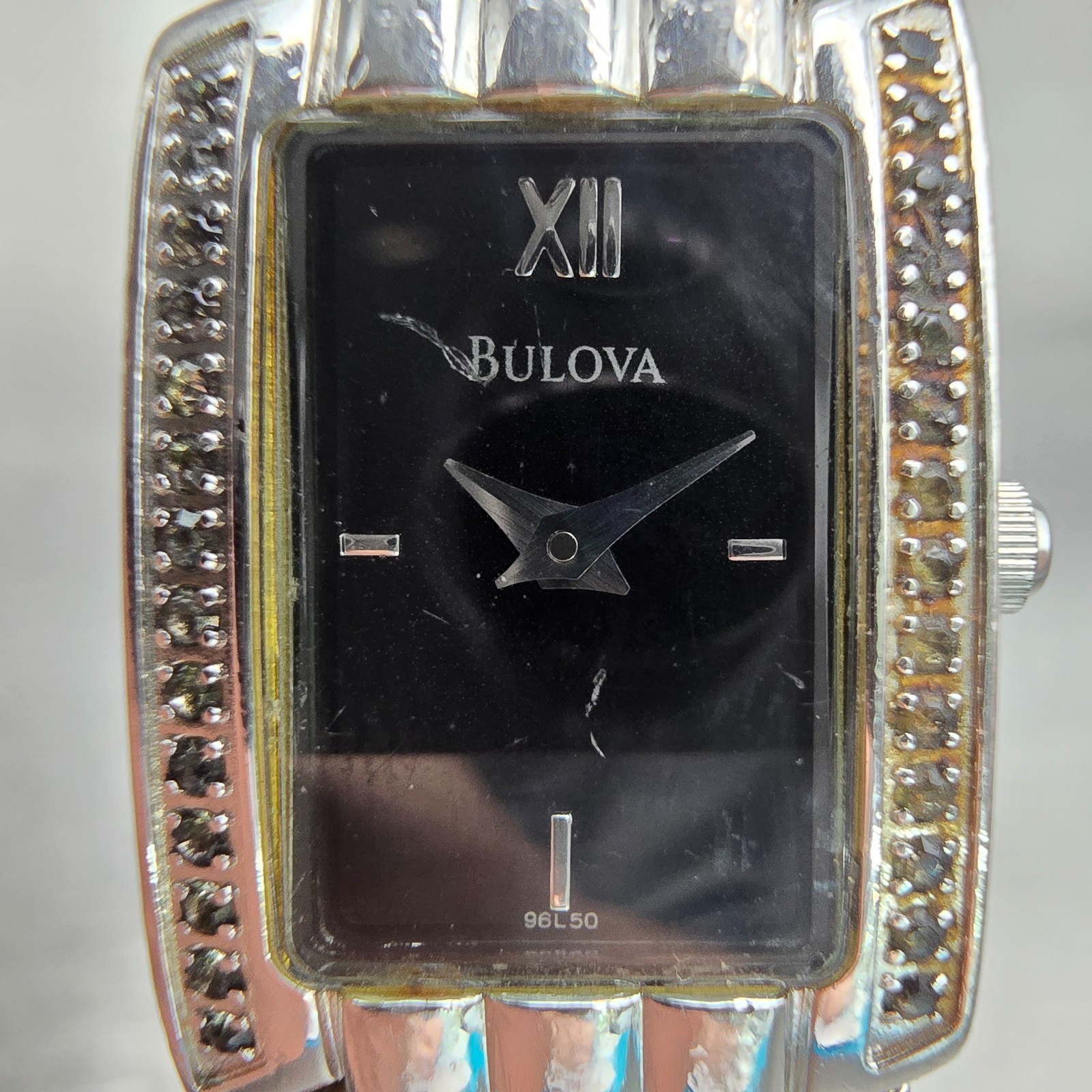 Bulova Watch Women 17mm Black Dial Silver Tone Gemmed Rectangle New Battery VTG