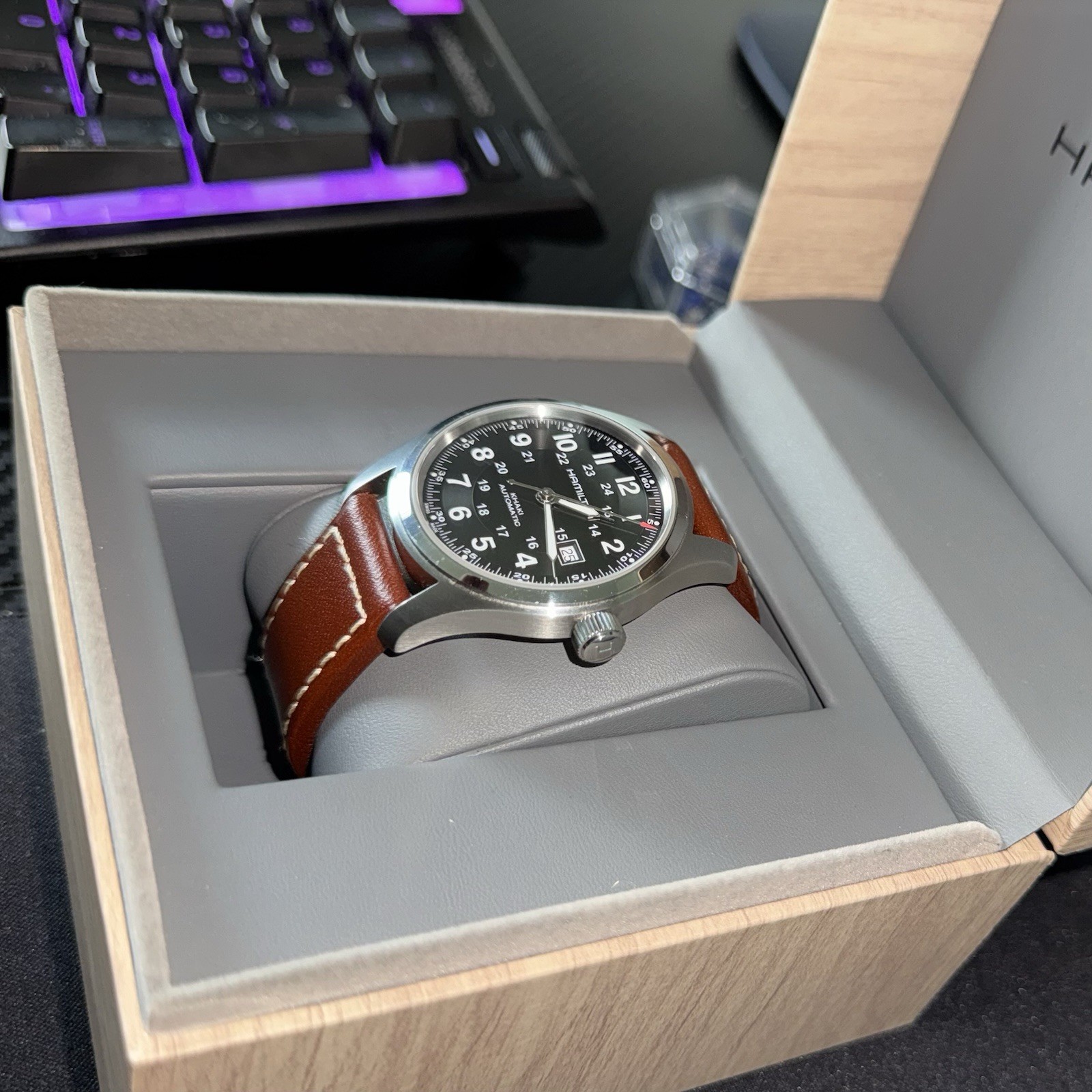 Hamilton Khaki Field Automatic 38mm Black Dial Brown Leather Strap Box Papers