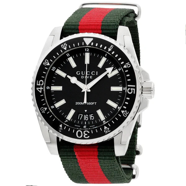 NEW Genuine GUCCI Dive 45mm Black Dial Red Green Nylon Strap Mens Watch YA136206