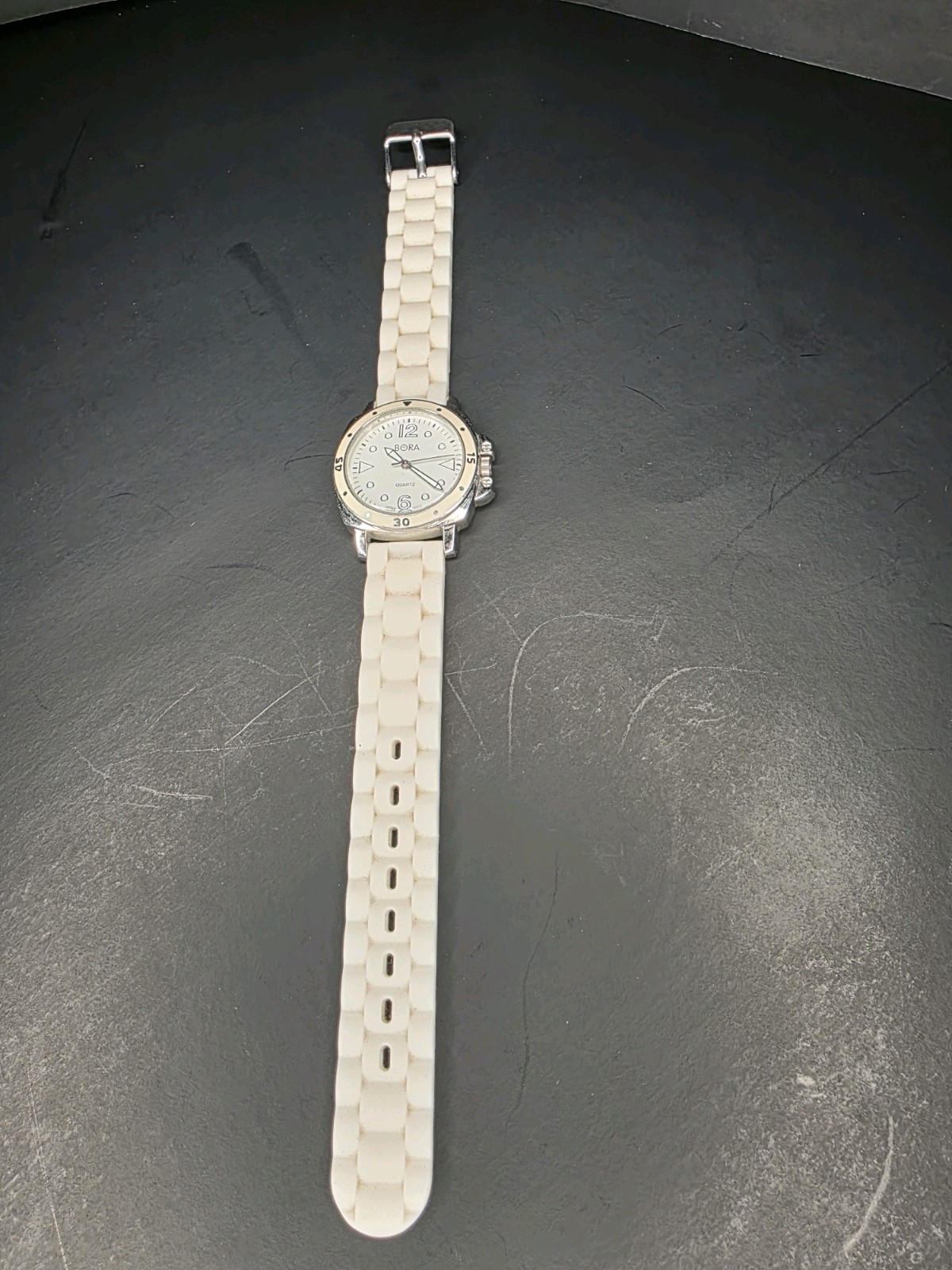Bora Quartz Women’s Watch-Silver Tone, White Strap, Dressy & Elegant