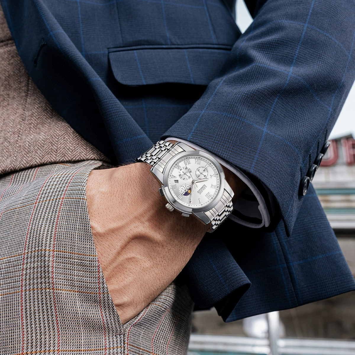 MARK FAIRWHALE Men’s Gift Calendar Moon Phase Chronograph Luminous Quartz Watch