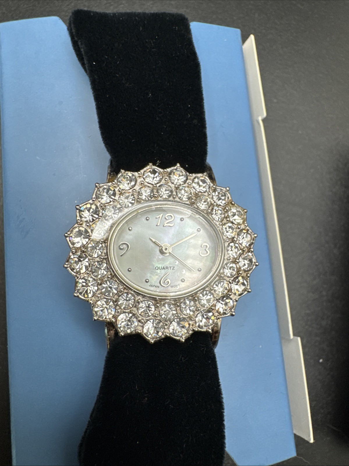 3 Rhinestone Quartz Watches Crystal Bezel Velvet Bands Red Green Black Lot