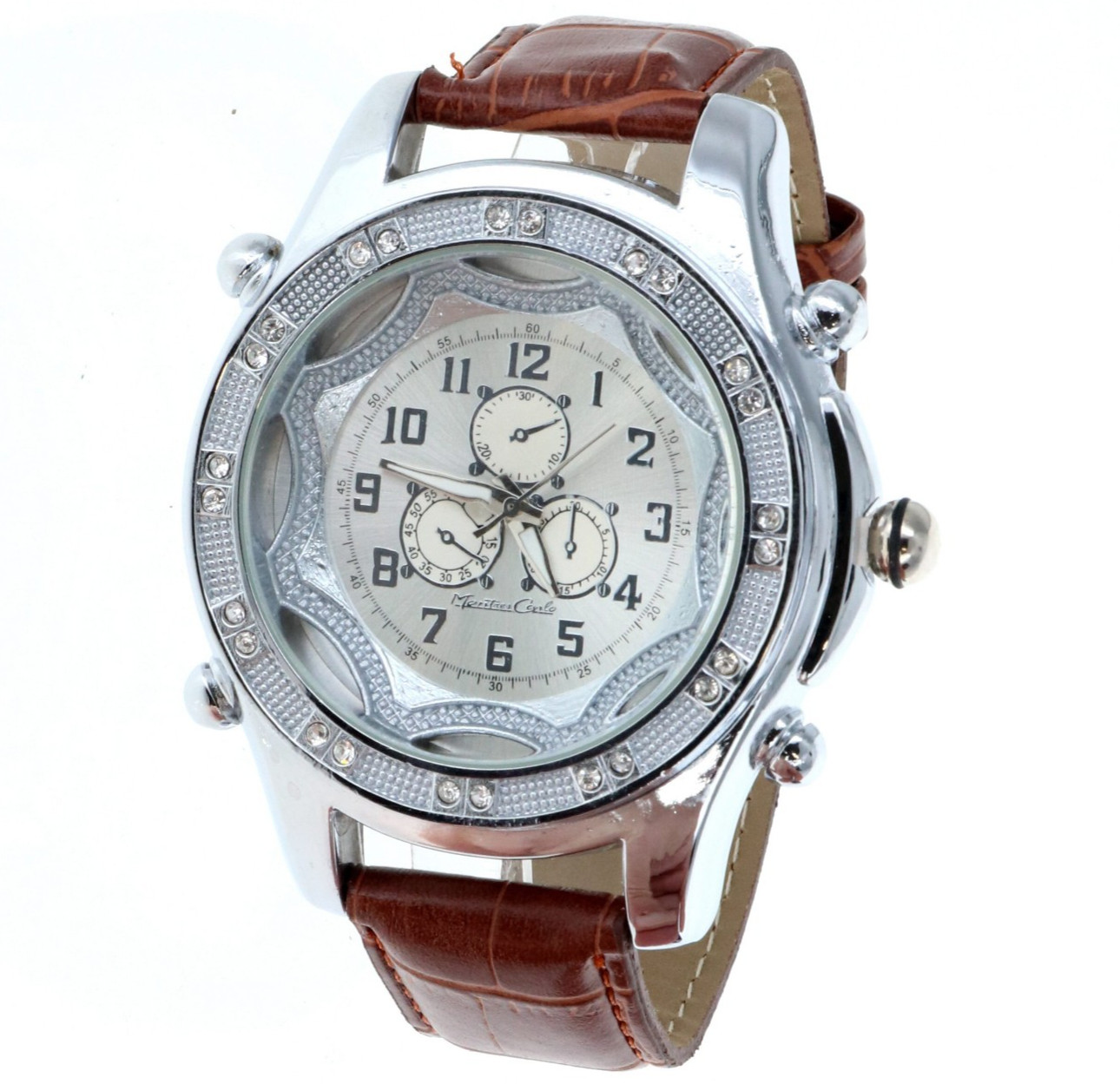 Big Hip Hop Men’s Silver Tone Diamond Shape Glass Brown Leather Band Watch