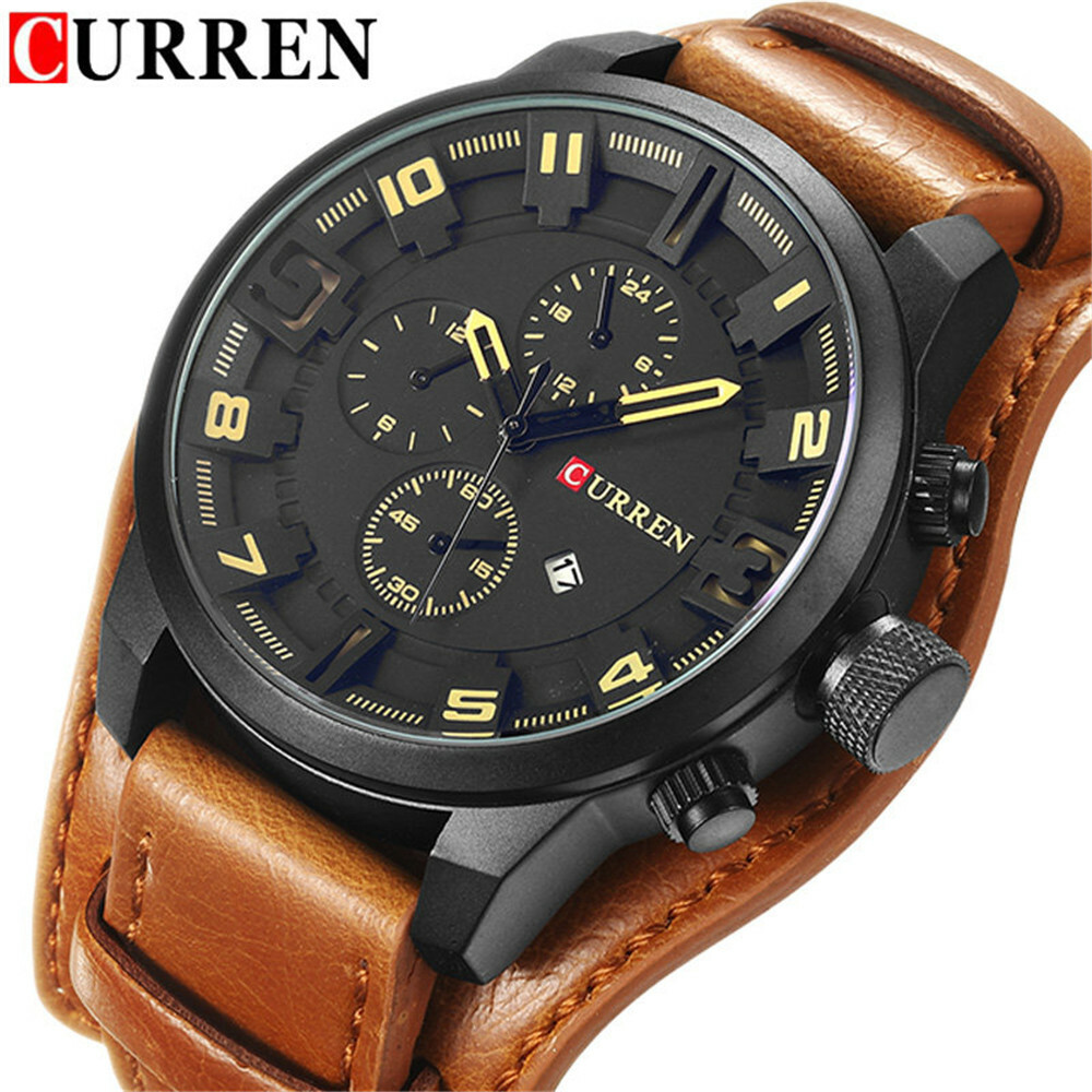 CURREN Men Quartz Watch Large Dial Fashion Leather Male Military Wristwatch Gift