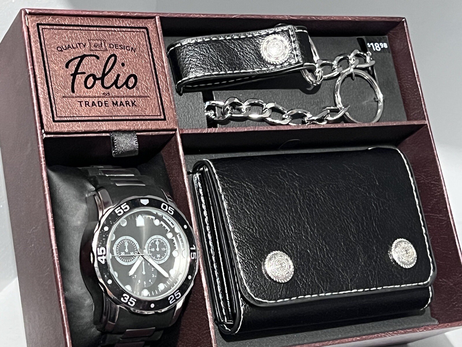 Folio Men’s Gift Set: Watch Black Rubber Silicone Band, Bracelets and Wallet