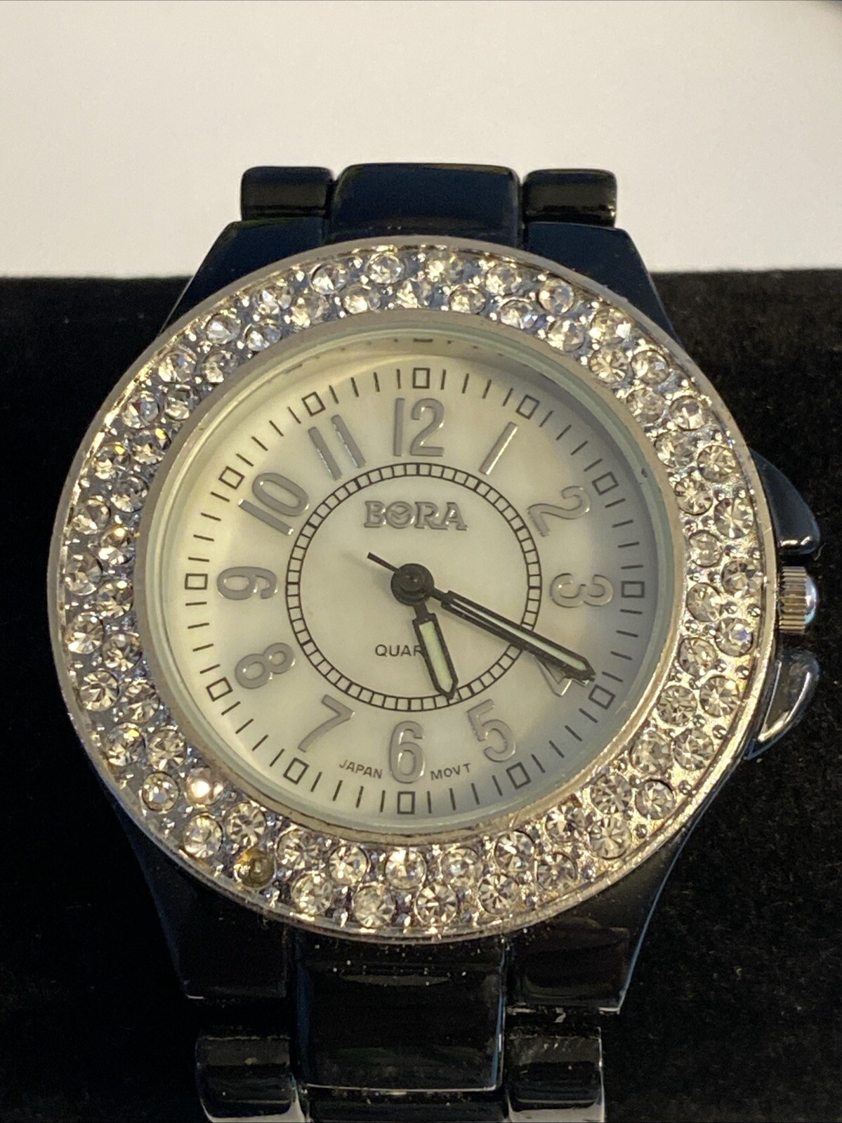 Bora Black Tone Crystal Accent Round Case Black Band Watch New Battery